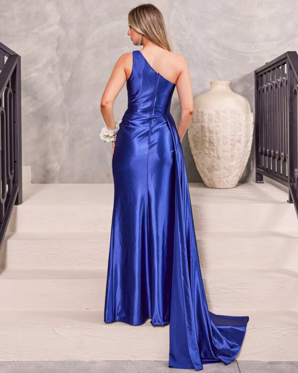 Katherine One Shoulder Satin Gown - Navy