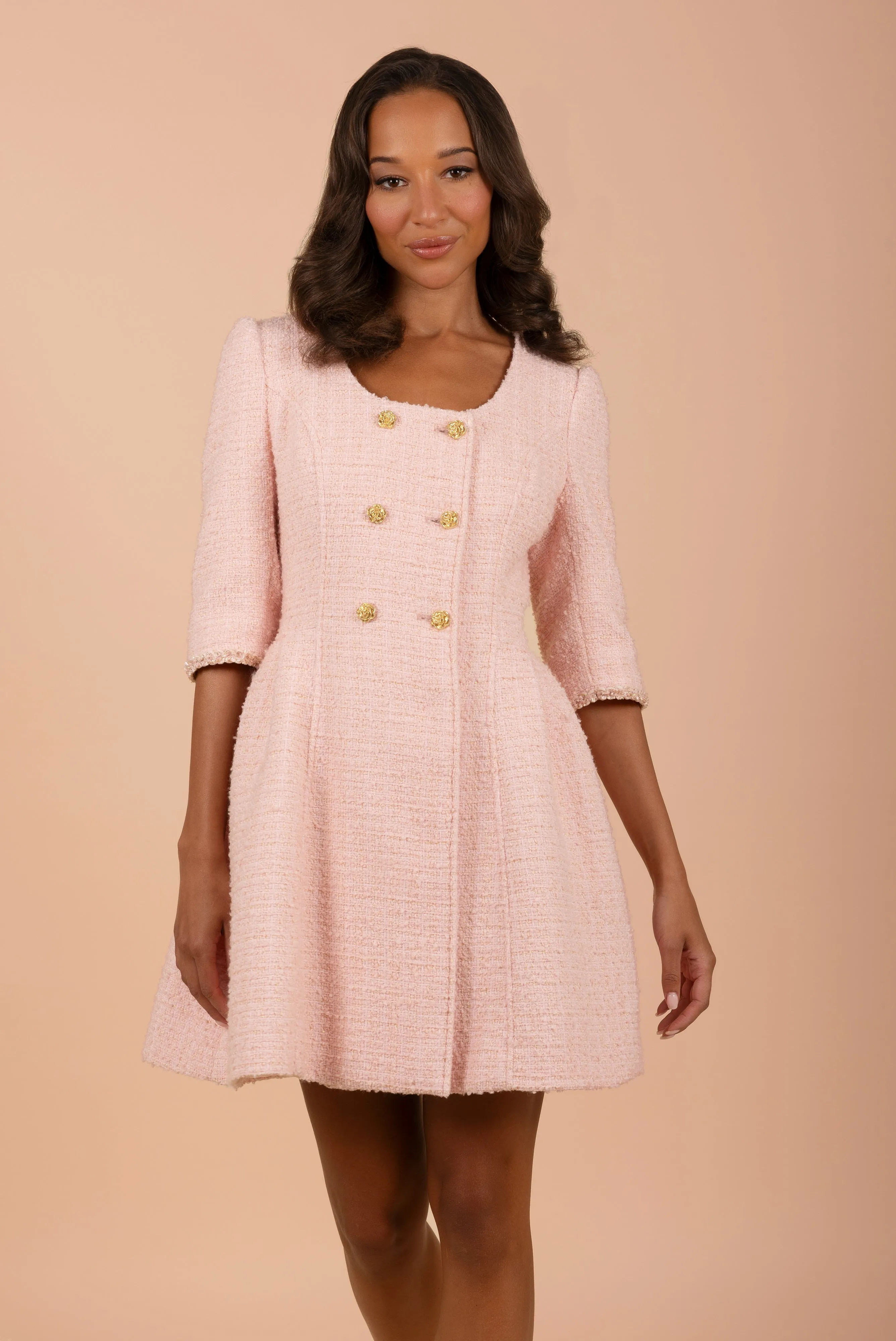 'Kelly' Wool Tweed Dress Coat in Rosa