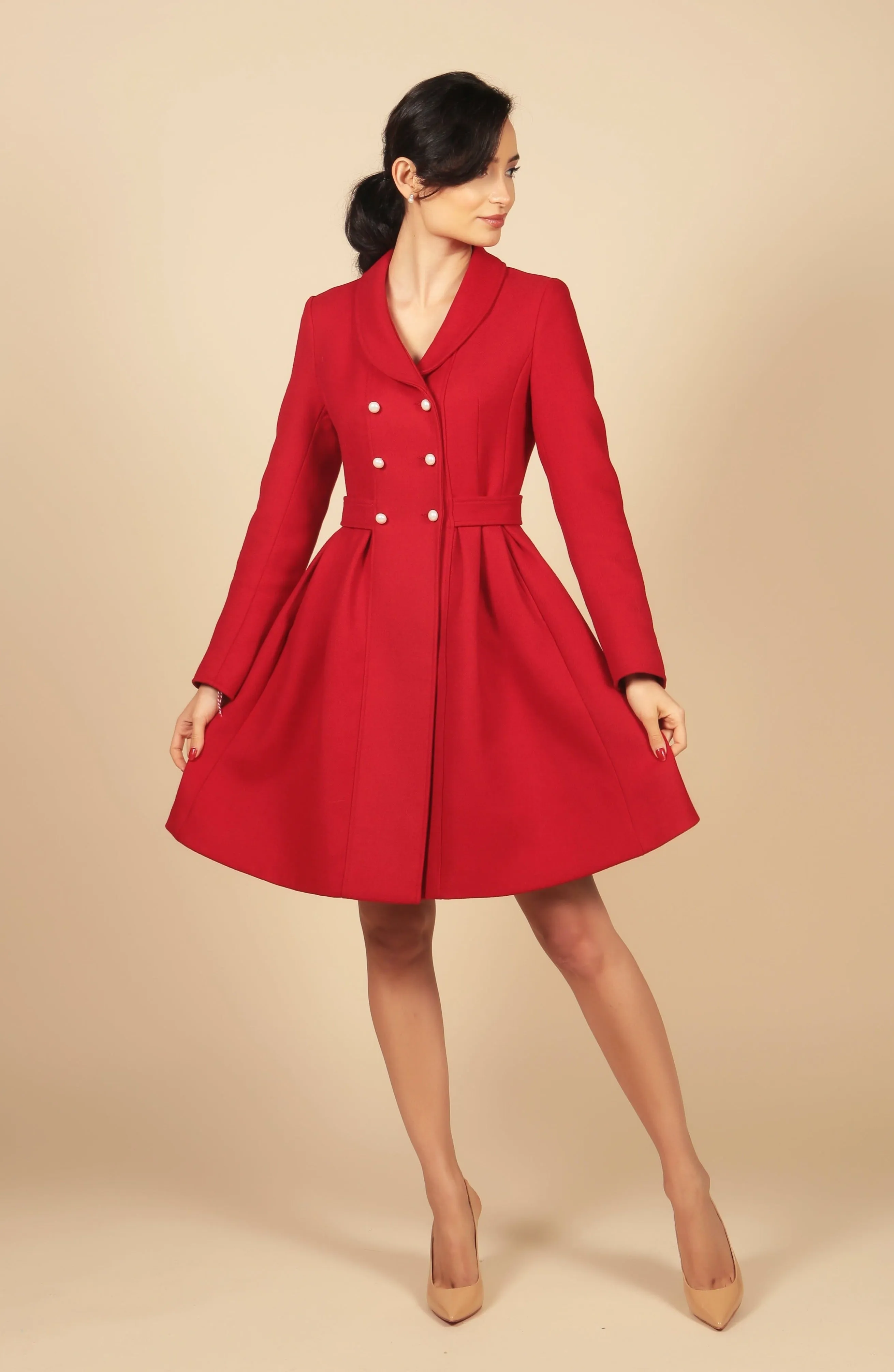 'Kennedy' Wool Dress Coat in Rosso