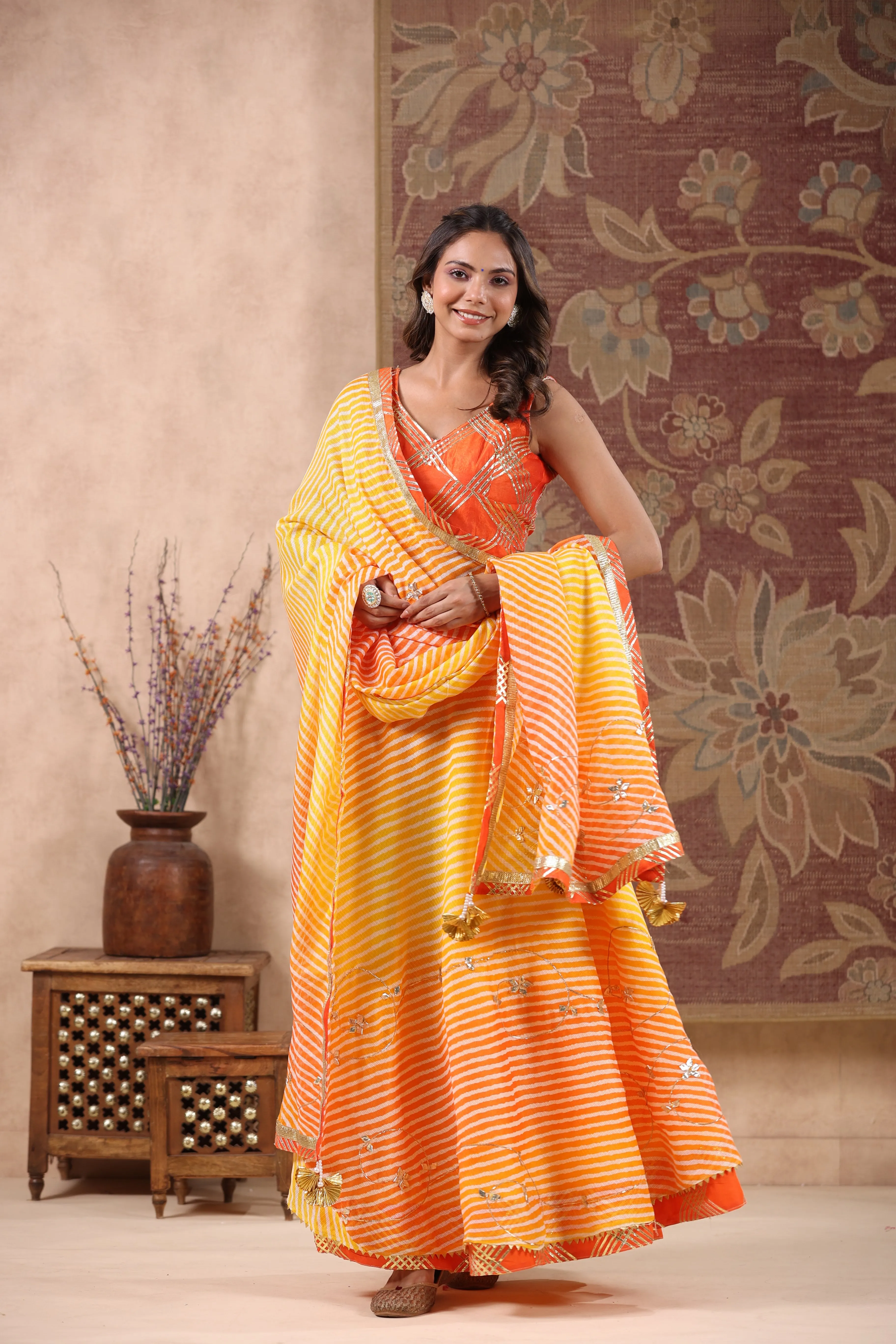 Kesariya Orange Kota Doriya Leheriya Lehenga Set