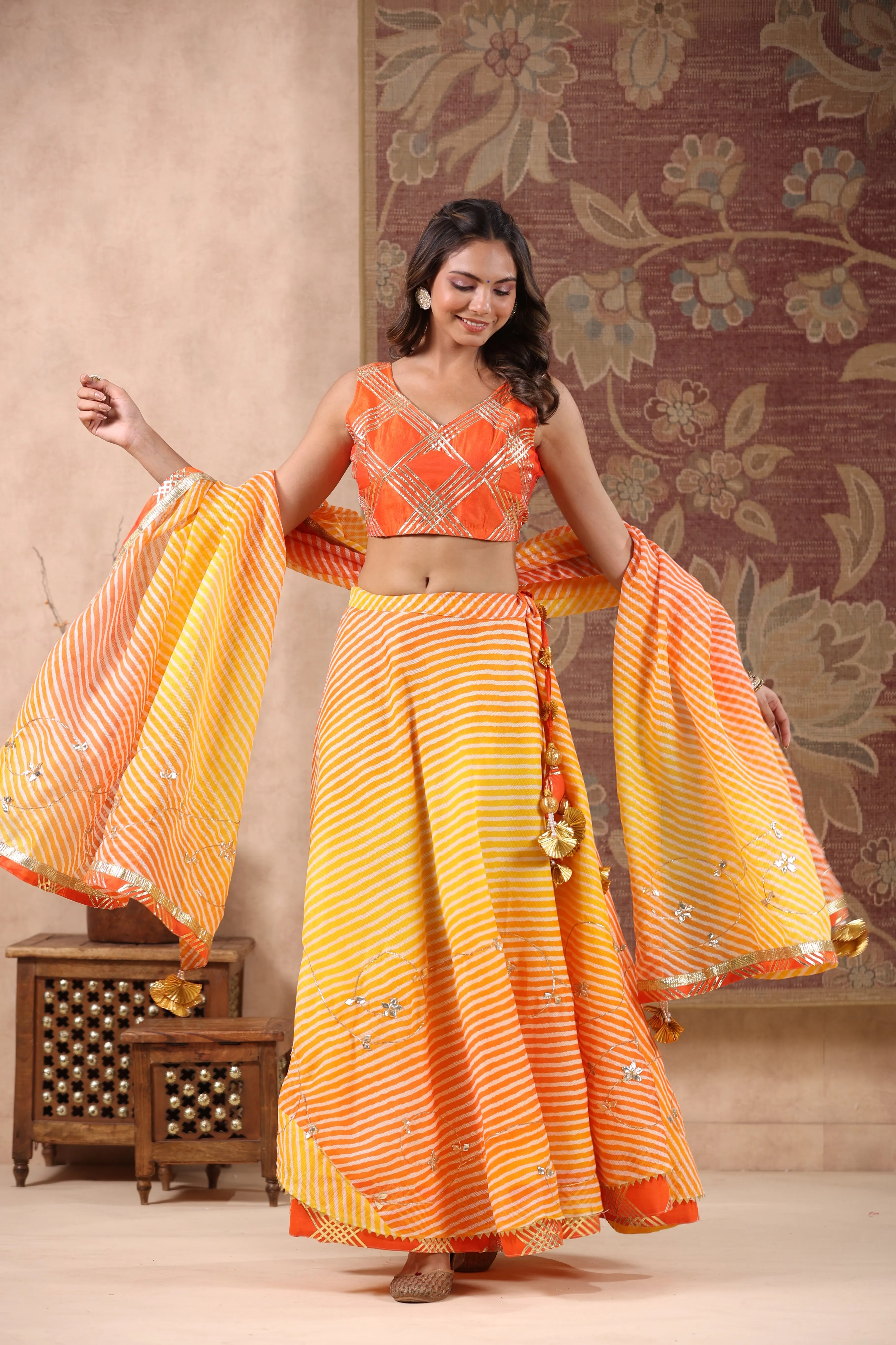 Kesariya Orange Kota Doriya Leheriya Lehenga Set