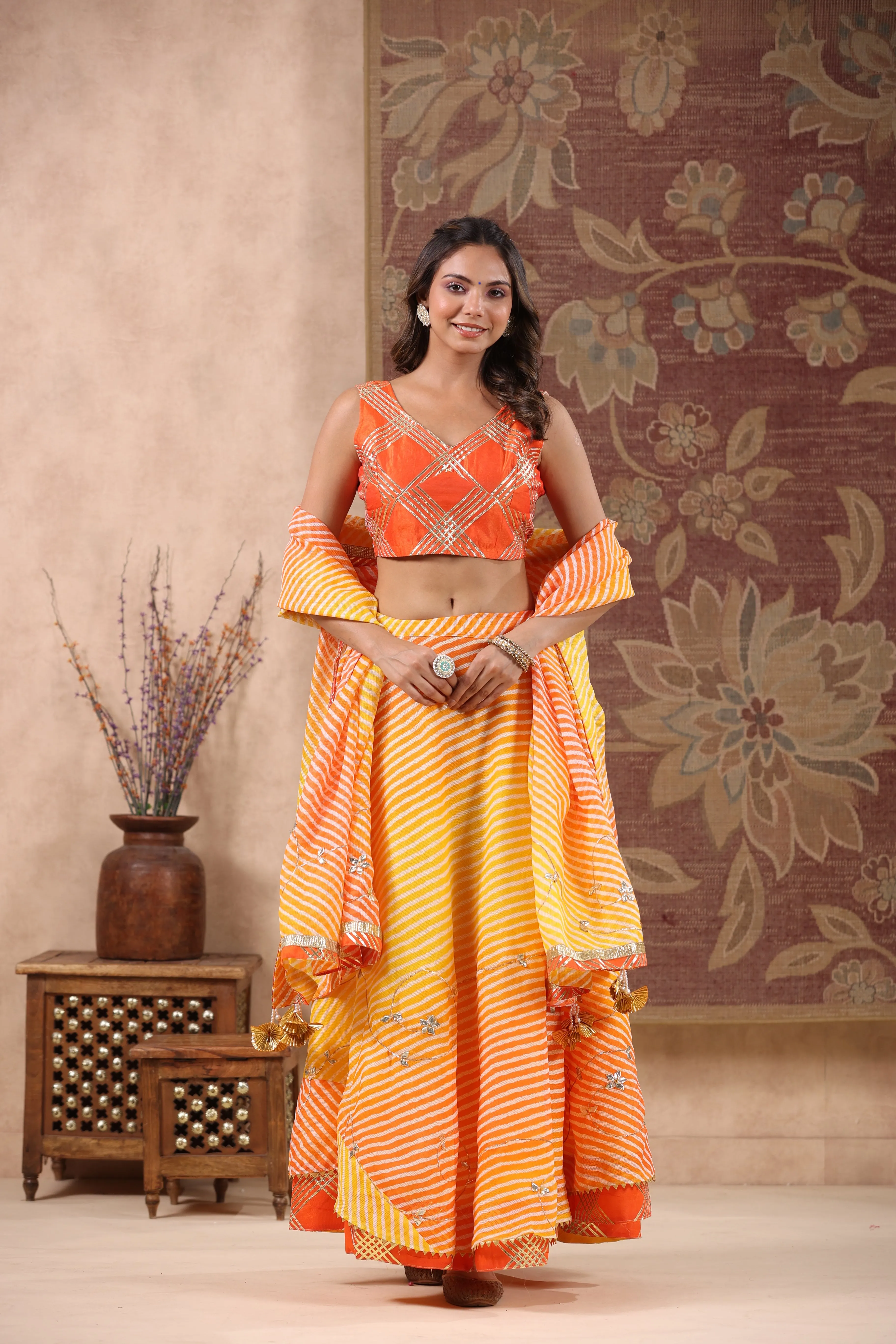 Kesariya Orange Kota Doriya Leheriya Lehenga Set