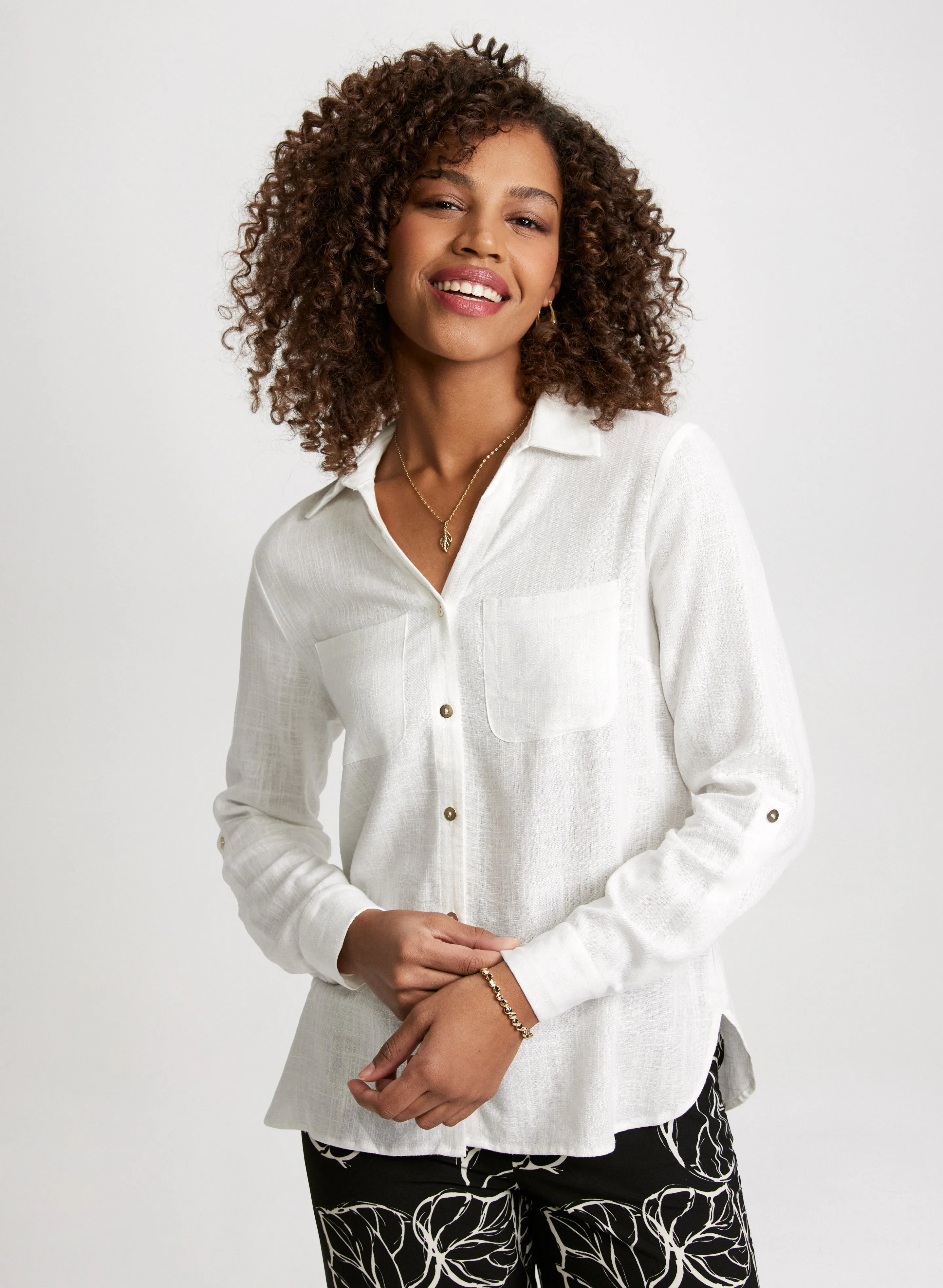 Linen-Blend Roll-Up Sleeve Blouse