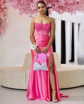 Madeline Corset Satin Gown - Hot Pink