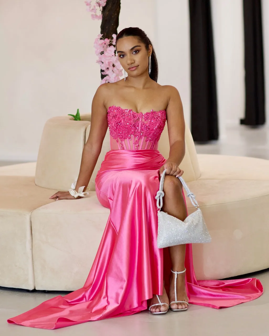 Madeline Corset Satin Gown - Hot Pink