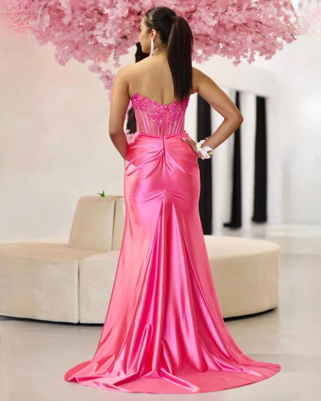 Madeline Corset Satin Gown - Hot Pink