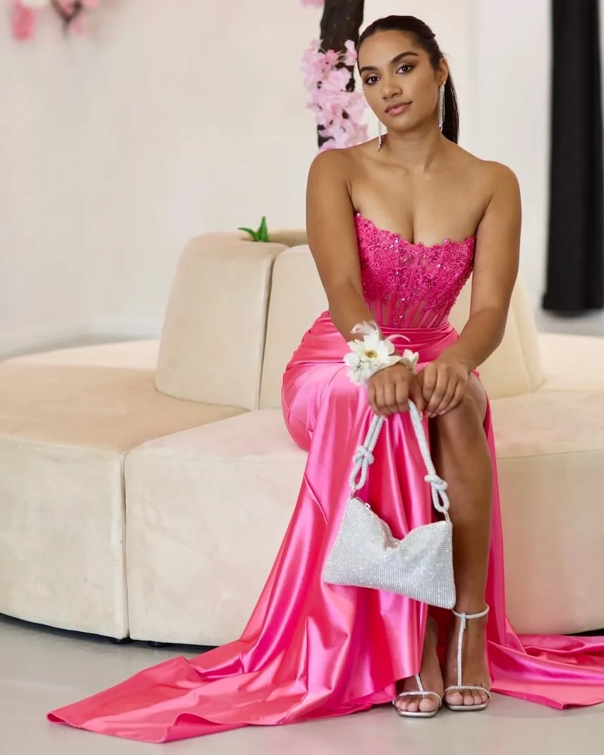 Madeline Corset Satin Gown - Hot Pink