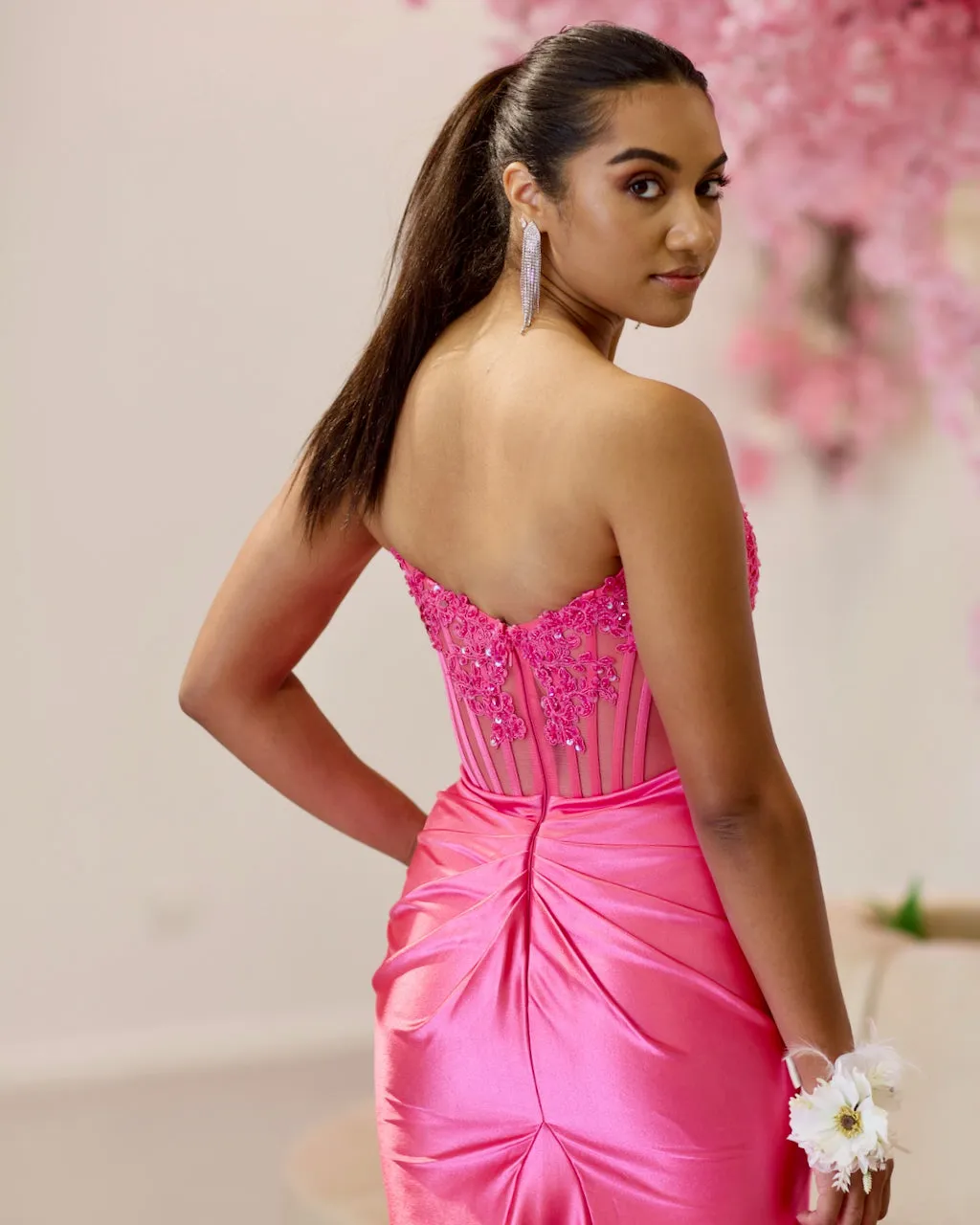 Madeline Corset Satin Gown - Hot Pink