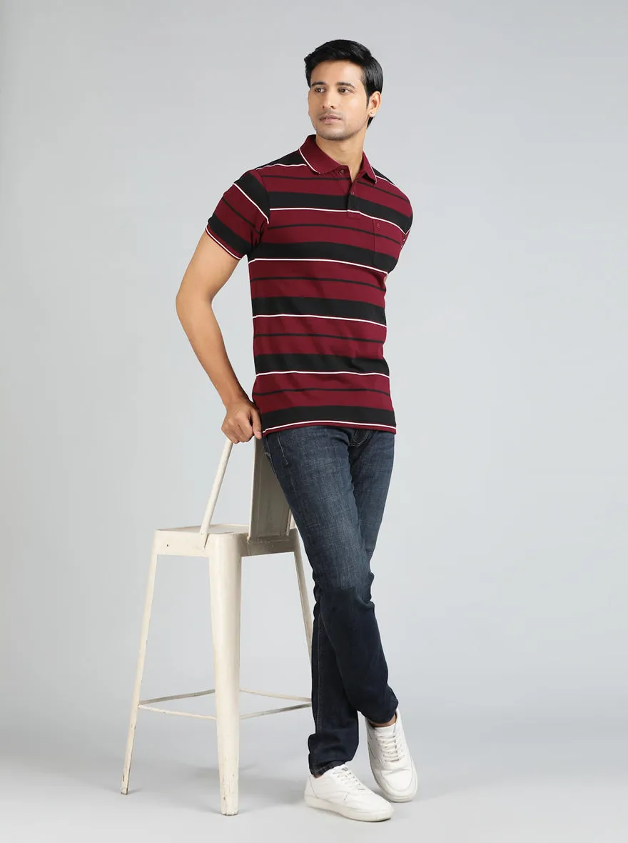 Maroon Striped Regular Fit Polo T-Shirt | Greenfibre