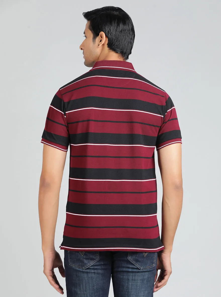 Maroon Striped Regular Fit Polo T-Shirt | Greenfibre