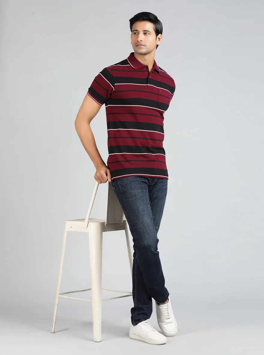 Maroon Striped Regular Fit Polo T-Shirt | Greenfibre