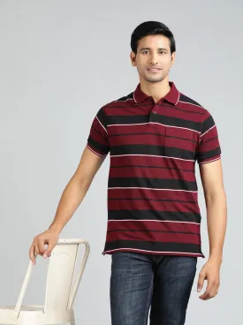 Maroon Striped Regular Fit Polo T-Shirt | Greenfibre