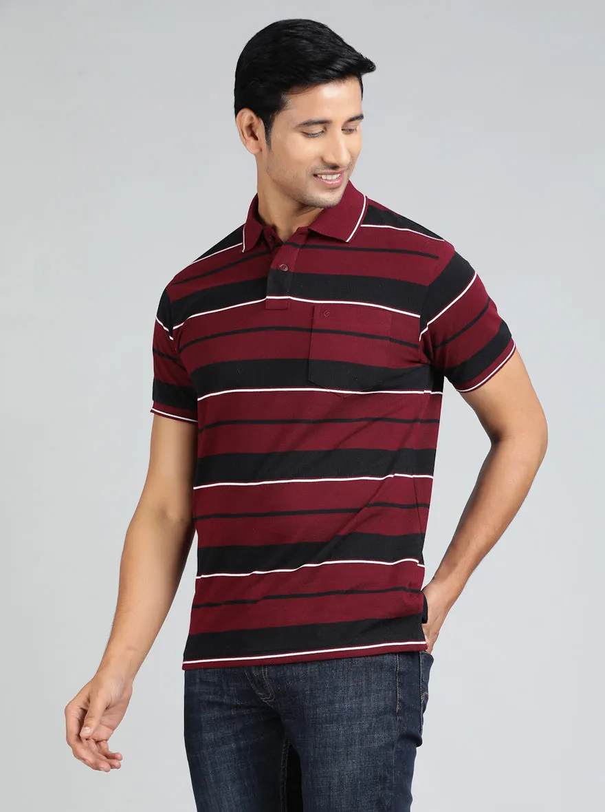 Maroon Striped Regular Fit Polo T-Shirt | Greenfibre