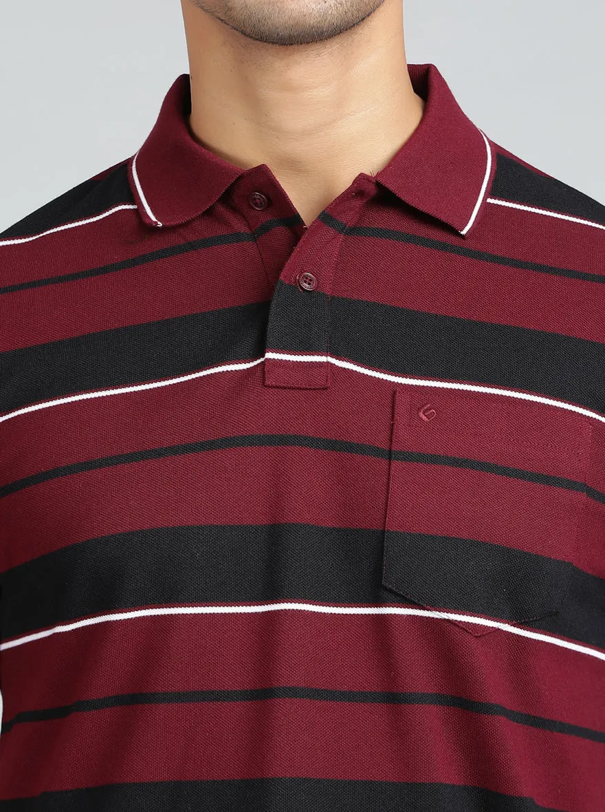 Maroon Striped Regular Fit Polo T-Shirt | Greenfibre