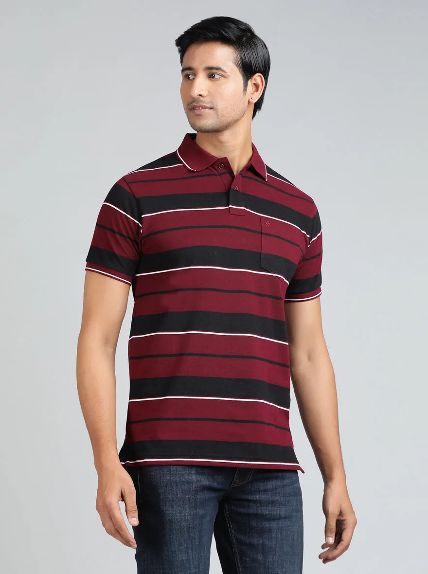 Maroon Striped Regular Fit Polo T-Shirt | Greenfibre