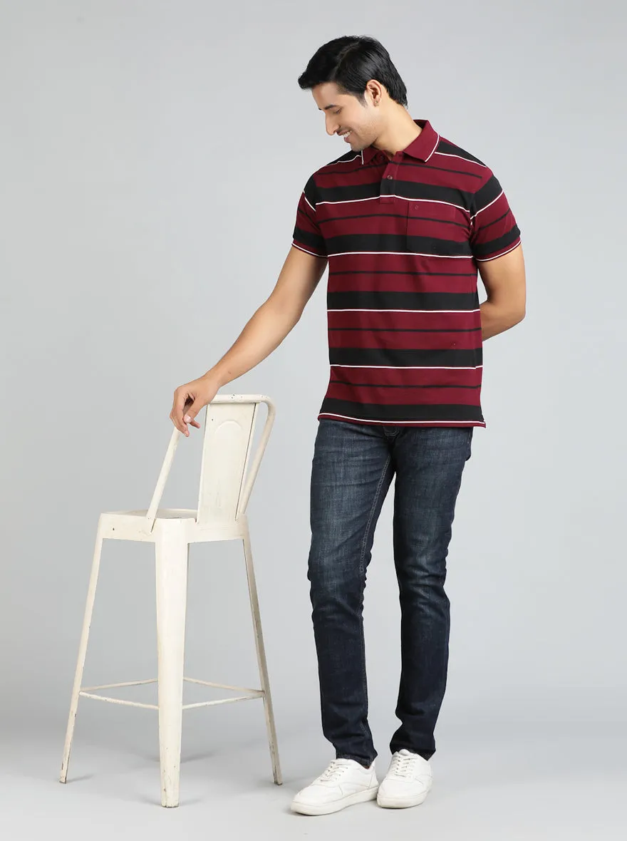 Maroon Striped Regular Fit Polo T-Shirt | Greenfibre