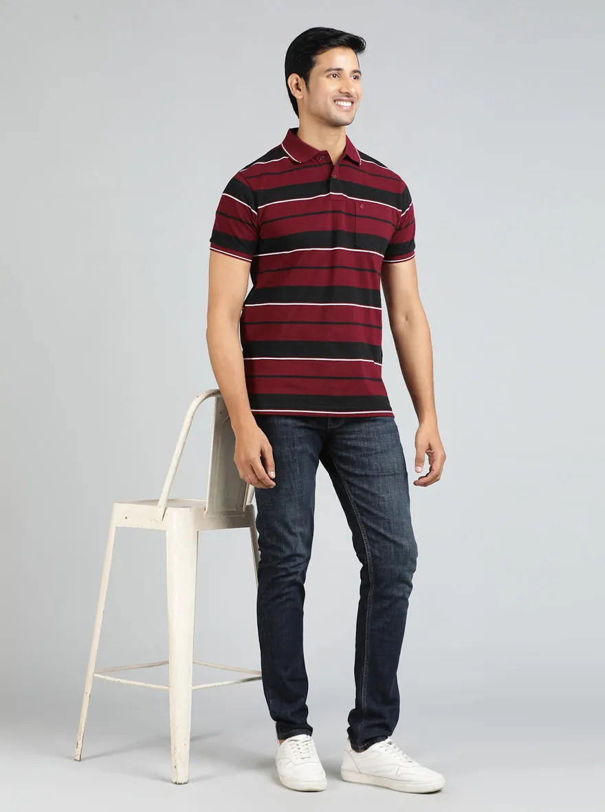 Maroon Striped Regular Fit Polo T-Shirt | Greenfibre