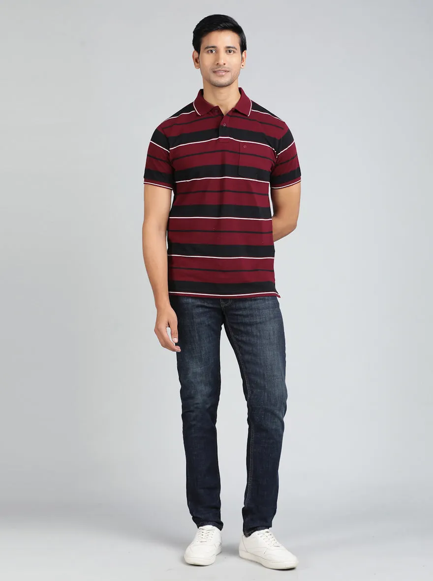 Maroon Striped Regular Fit Polo T-Shirt | Greenfibre