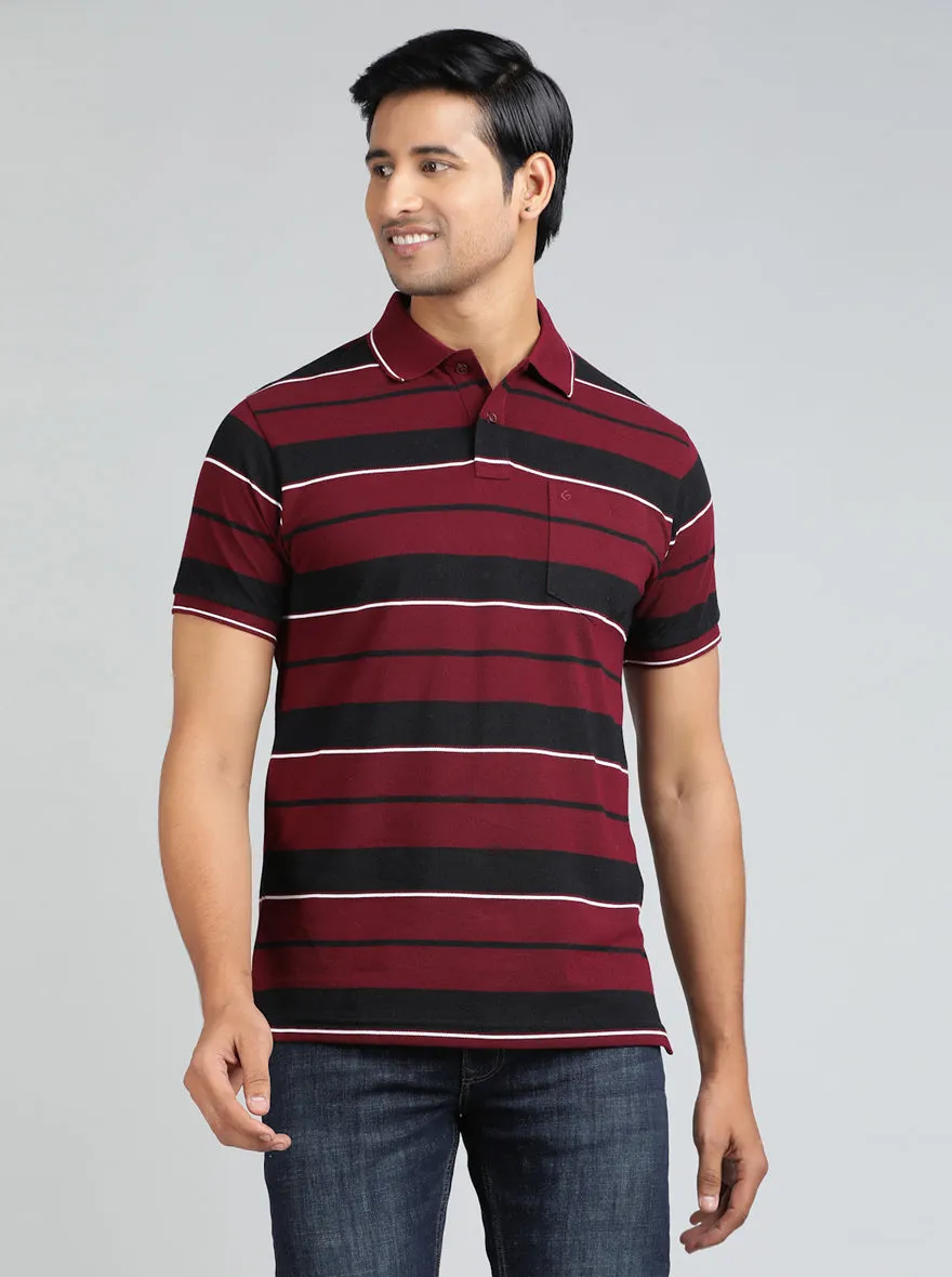 Maroon Striped Regular Fit Polo T-Shirt | Greenfibre