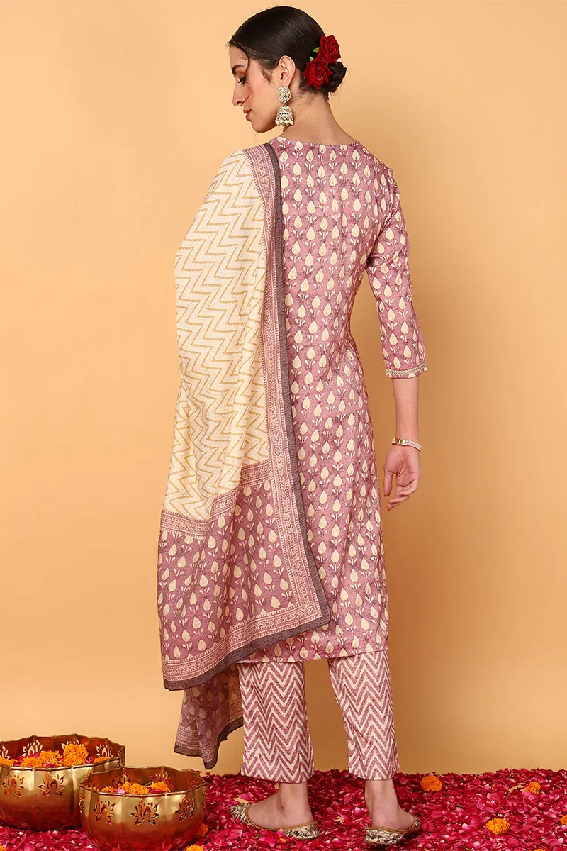 Mauve Silk Blend Ethnic Motifs Printed 3-Piece Kurta Set