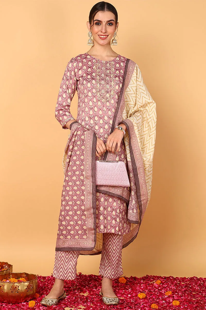 Mauve Silk Blend Ethnic Motifs Printed 3-Piece Kurta Set