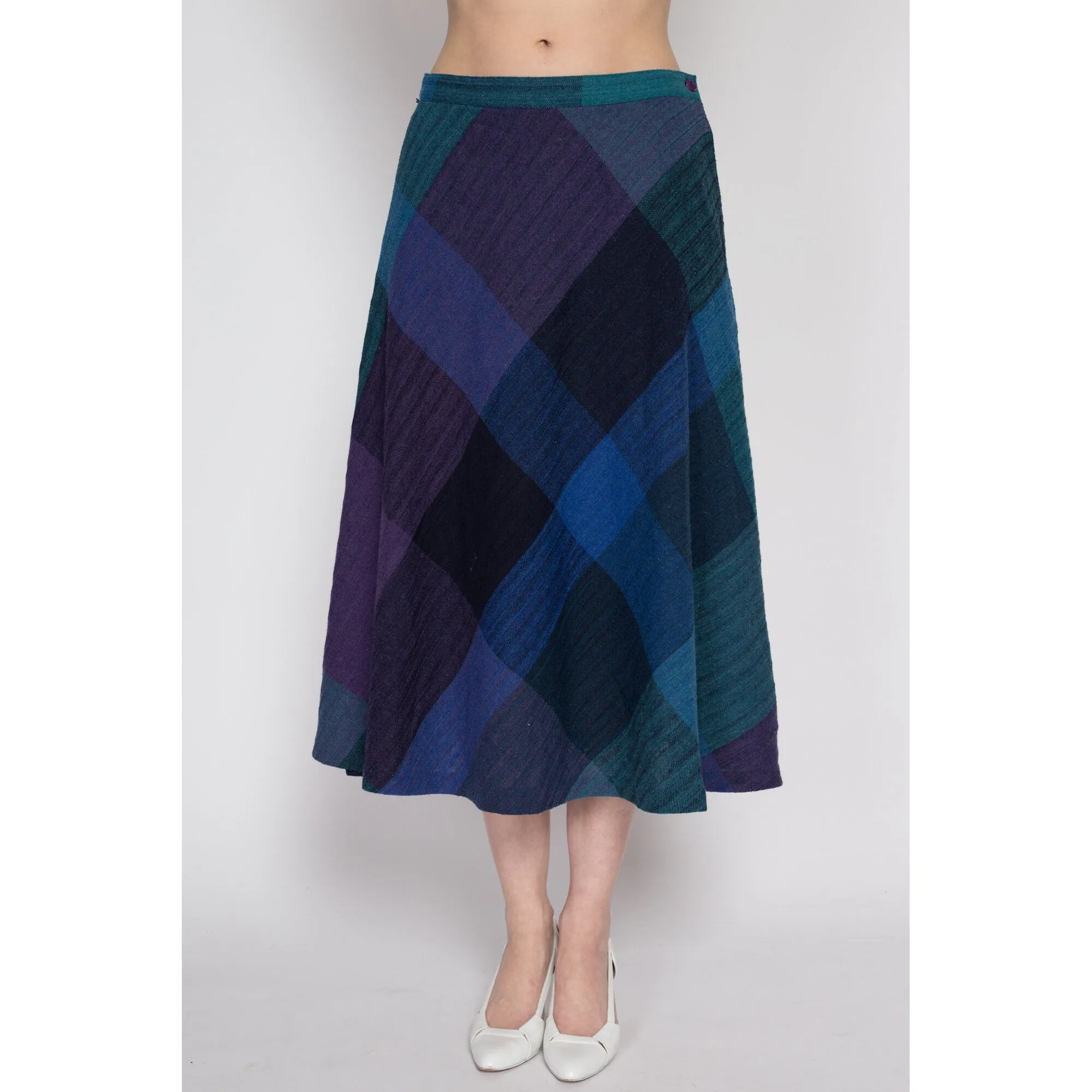 Medium 70s Dark Plaid A Line Midi Skirt 28"