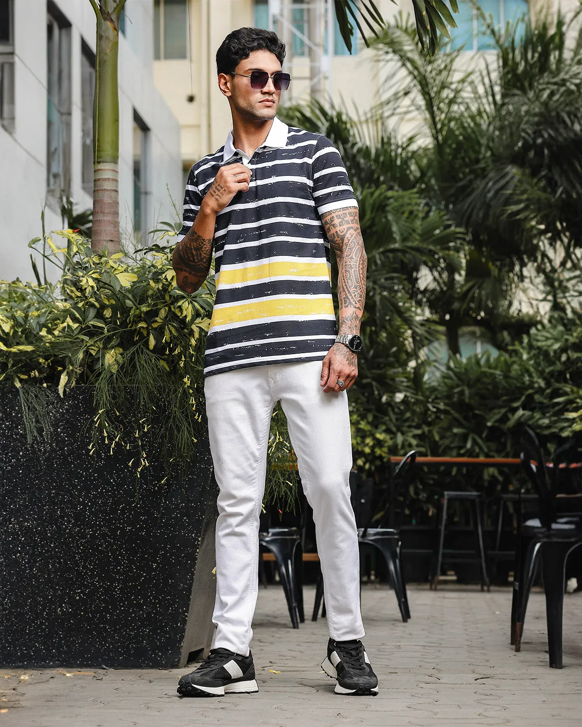 Men's Black & Yellow Pure Cotton Stripped Polo Neck Tshirt