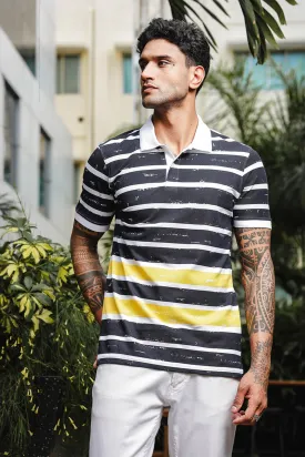 Men's Black & Yellow Pure Cotton Stripped Polo Neck Tshirt