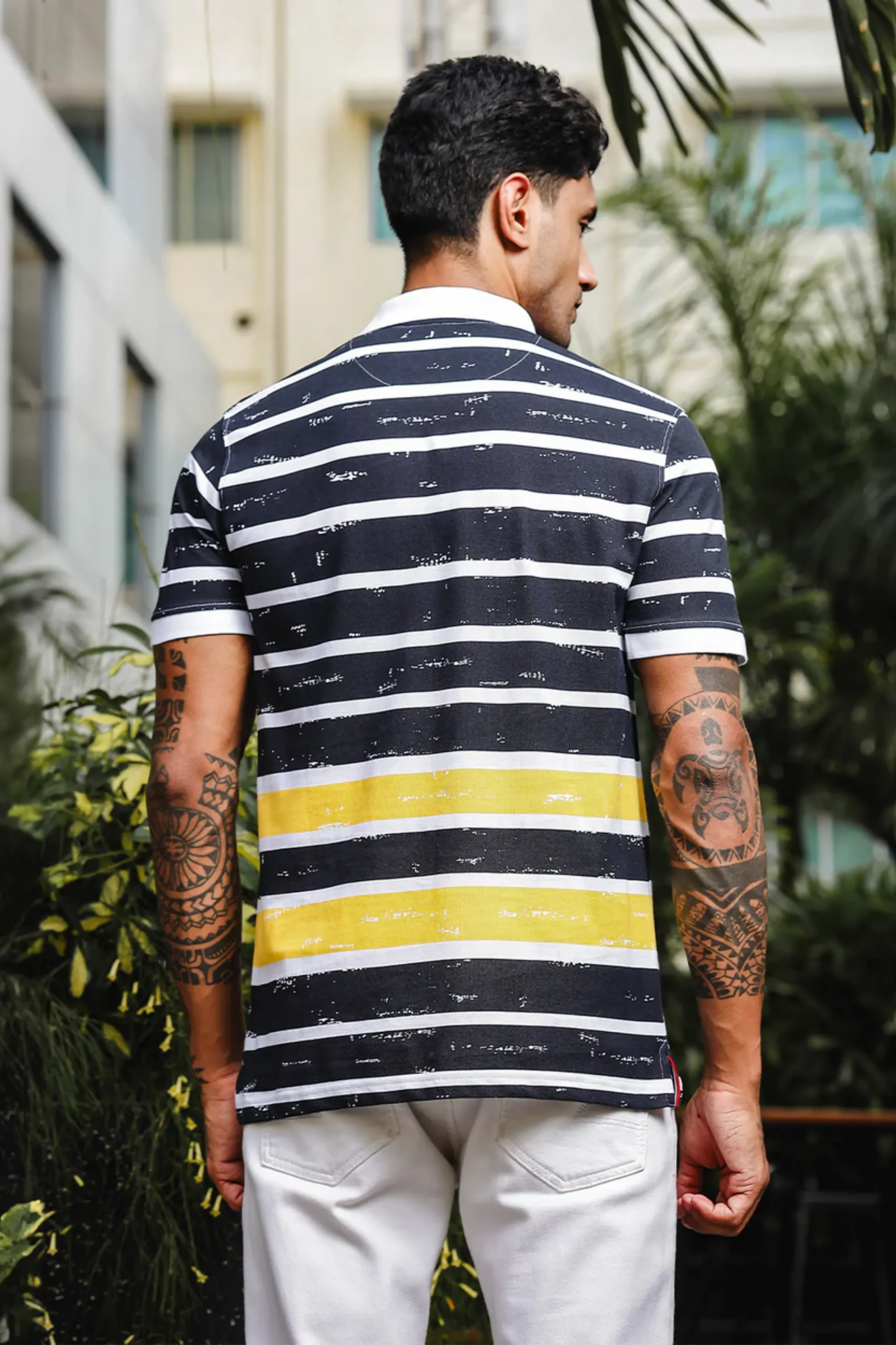 Men's Black & Yellow Pure Cotton Stripped Polo Neck Tshirt