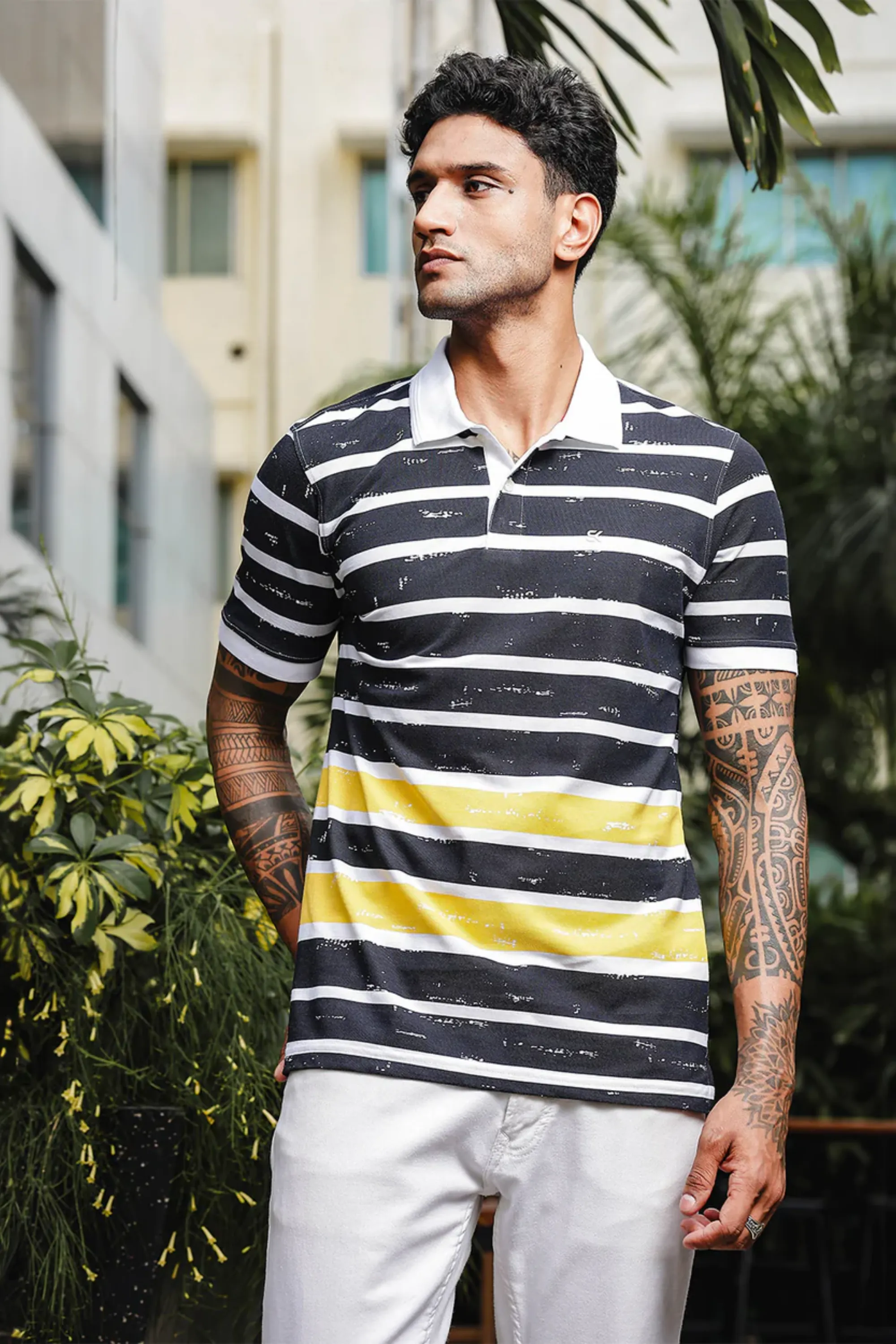 Men's Black & Yellow Pure Cotton Stripped Polo Neck Tshirt