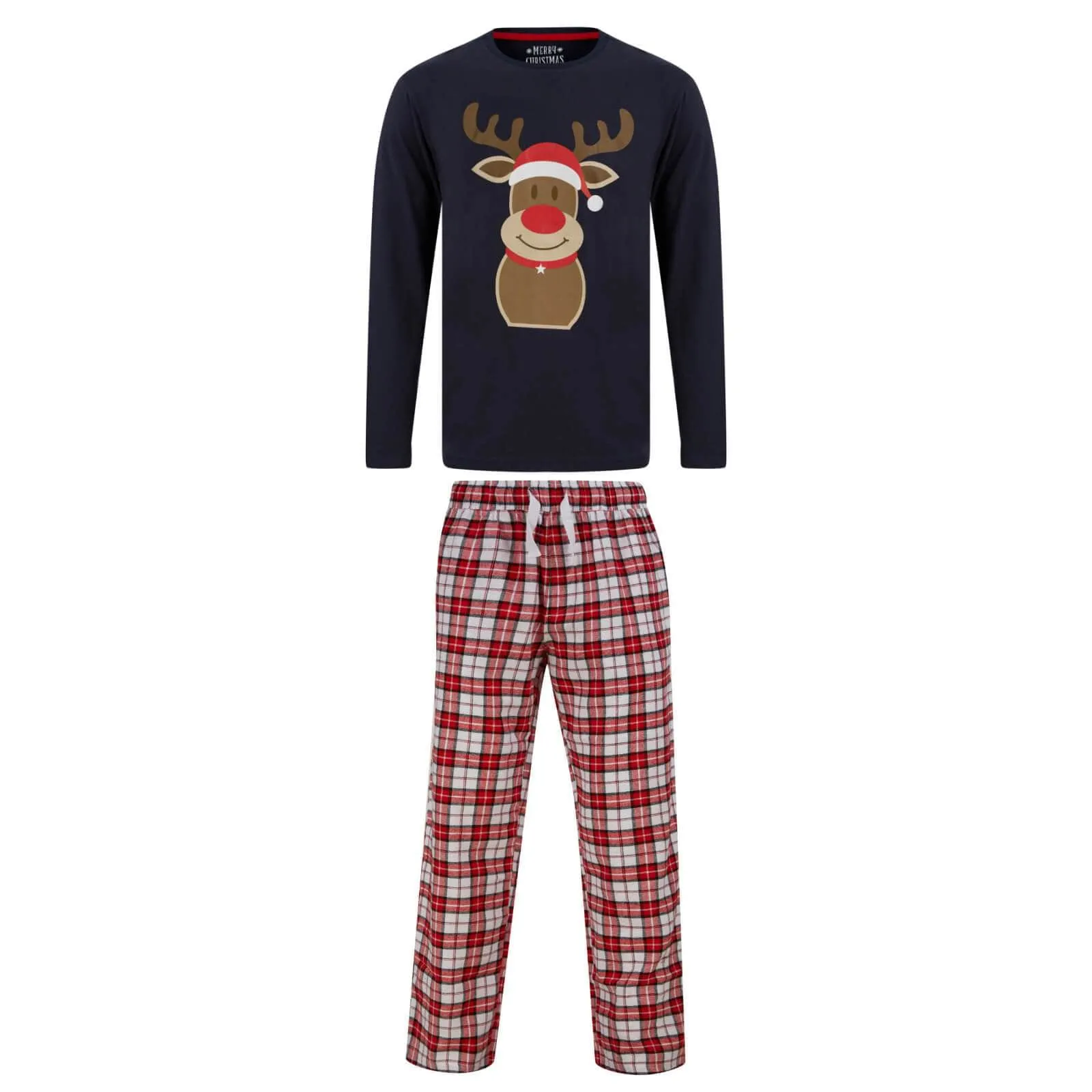 Mens Christmas Pyjama Set Rudolph Print/Check Bottoms