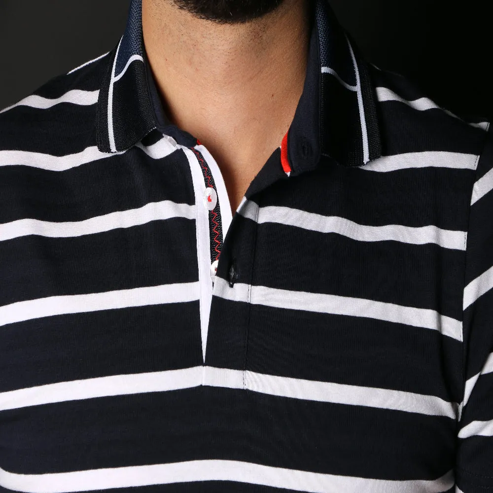 Navy Striped Polo With Red Trim