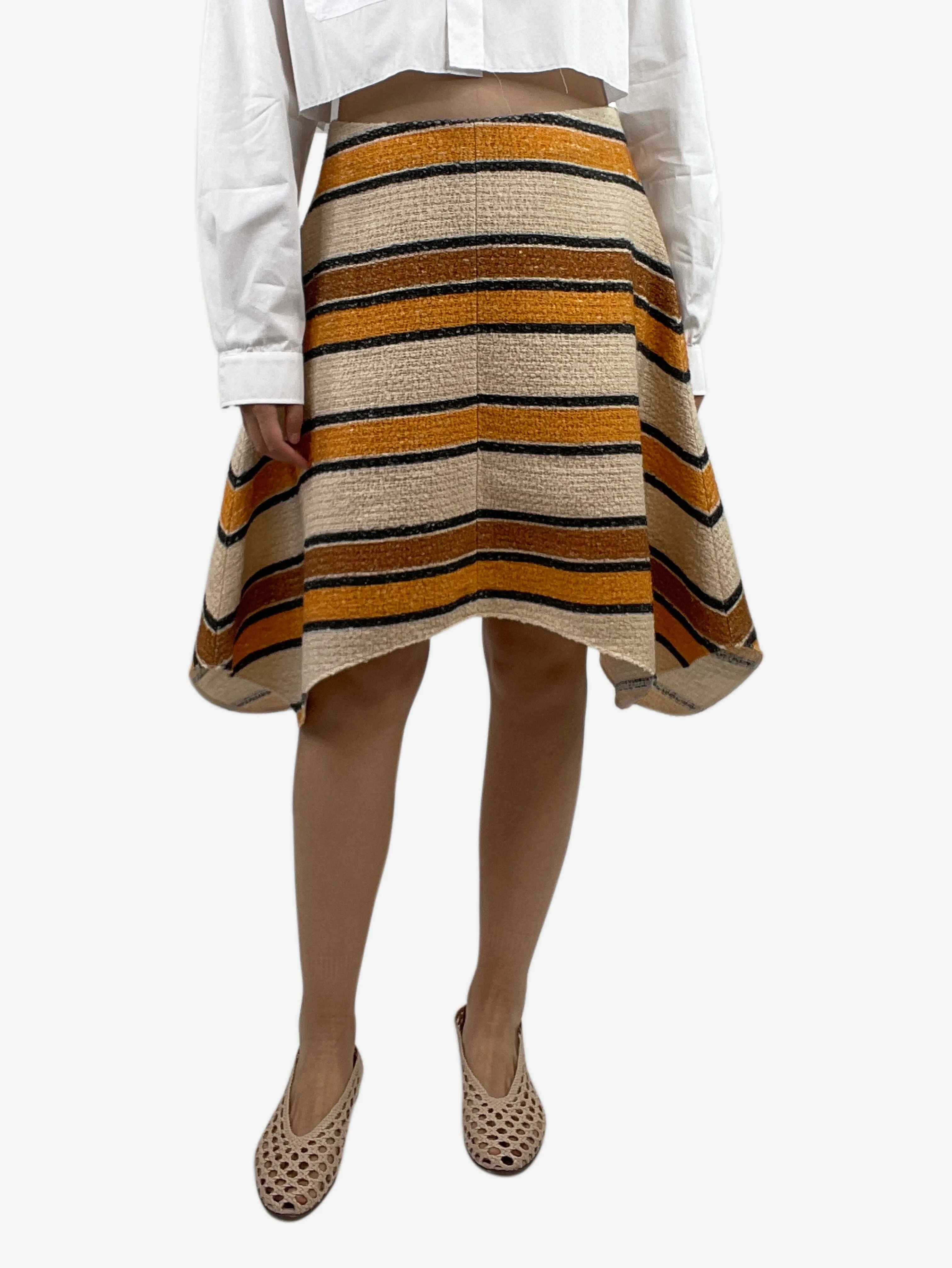 Orange A-line wool striped midi skirt - size UK 14