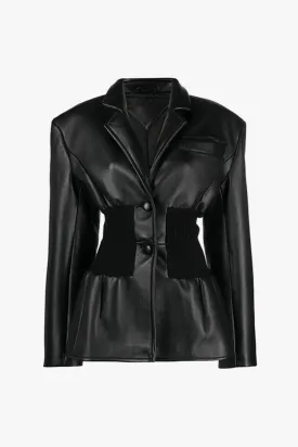 Powerful Notch Lapel Ribbed Knit Paneled Peplum Faux Leather Jacket