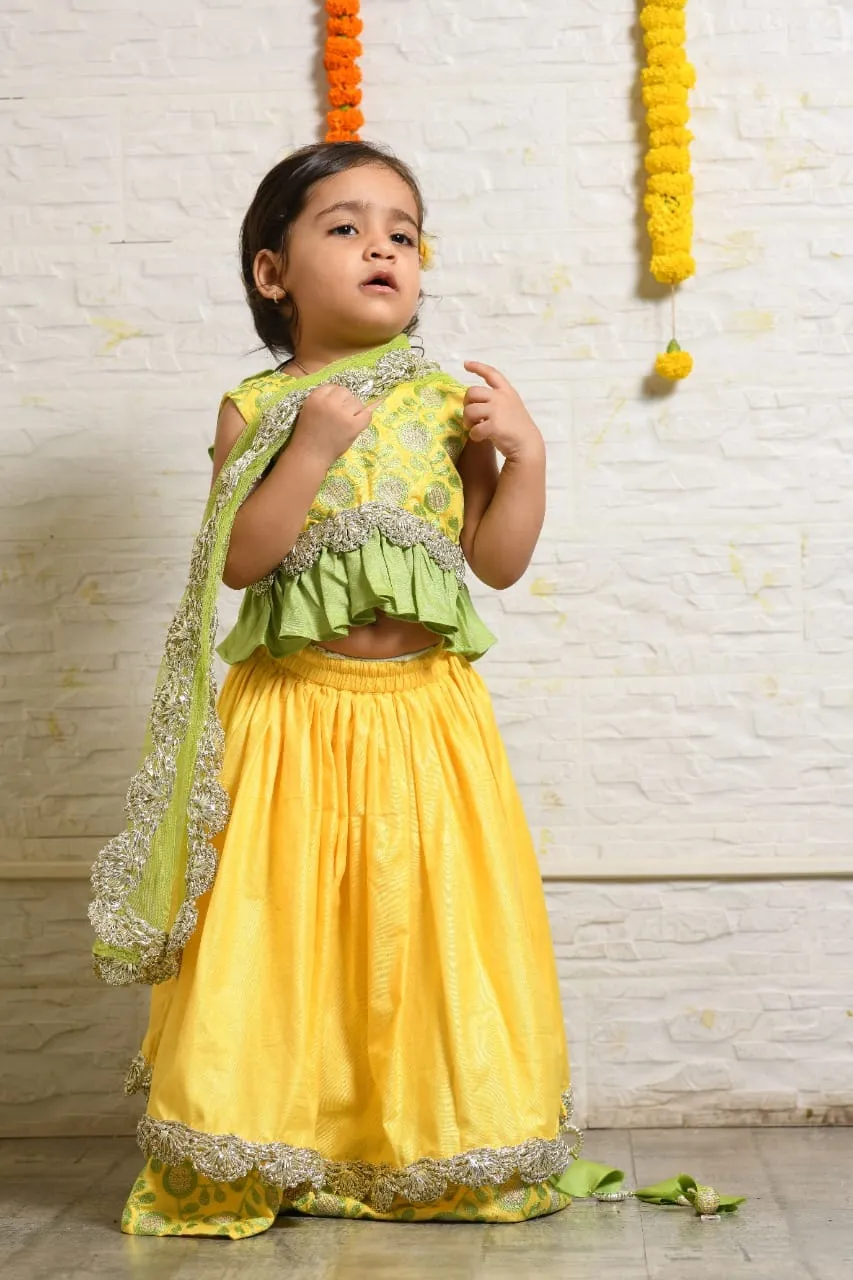 Pre-Order: Yellow and Green Heavy Embroidered Blouse and Ghagra Set