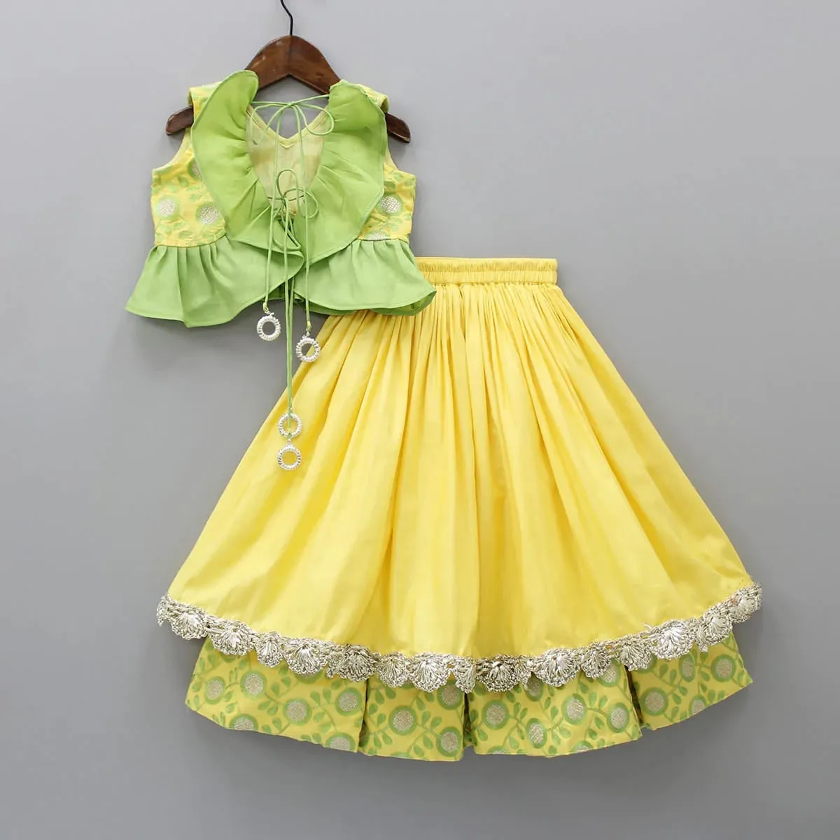 Pre-Order: Yellow and Green Heavy Embroidered Blouse and Ghagra Set