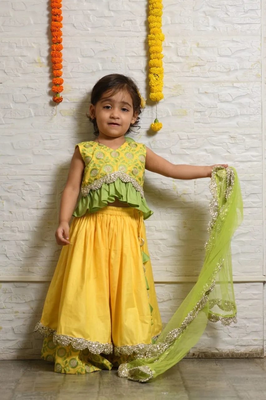 Pre-Order: Yellow and Green Heavy Embroidered Blouse and Ghagra Set