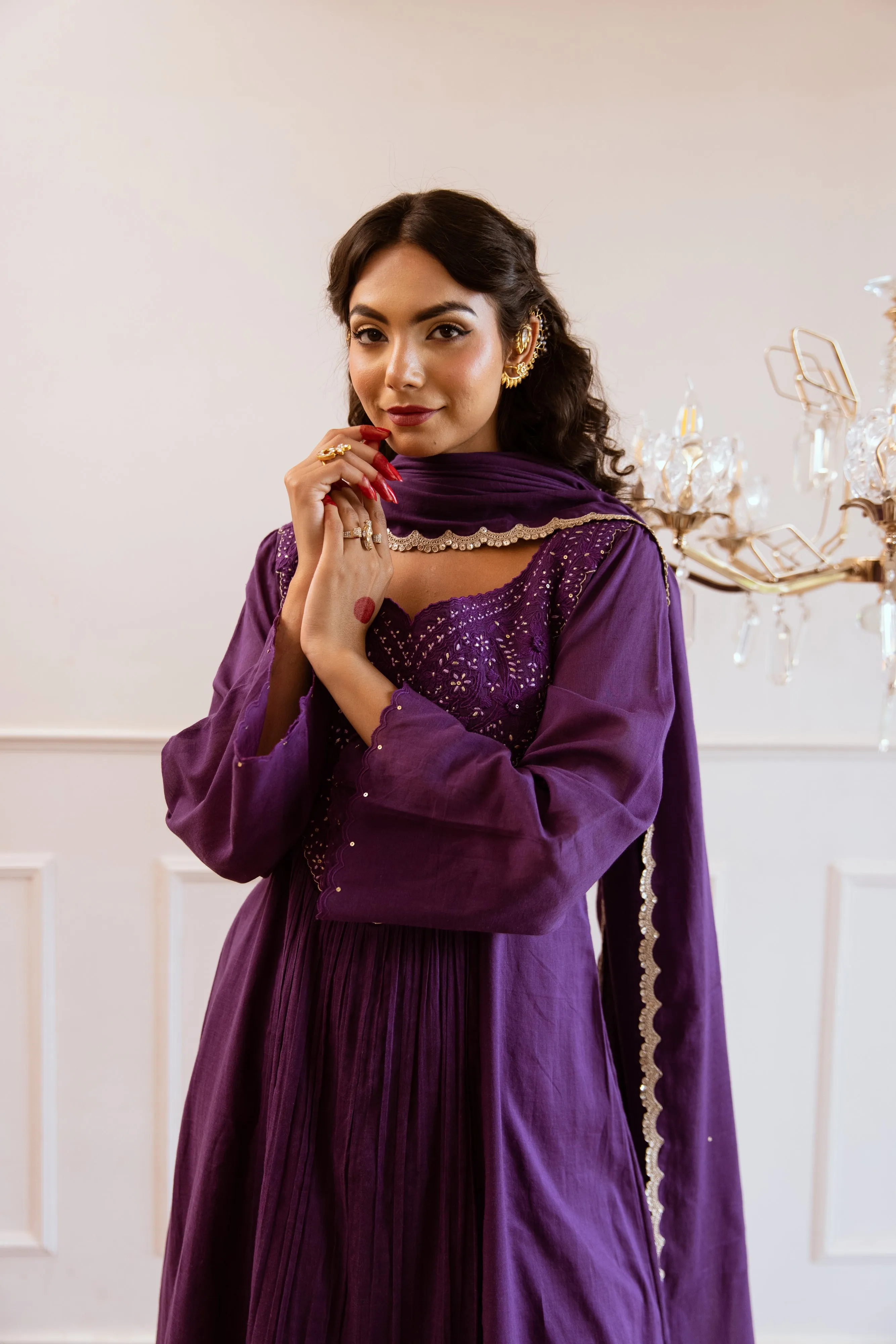 Purple Mulmul Yoke Embroidered Anarkali Set