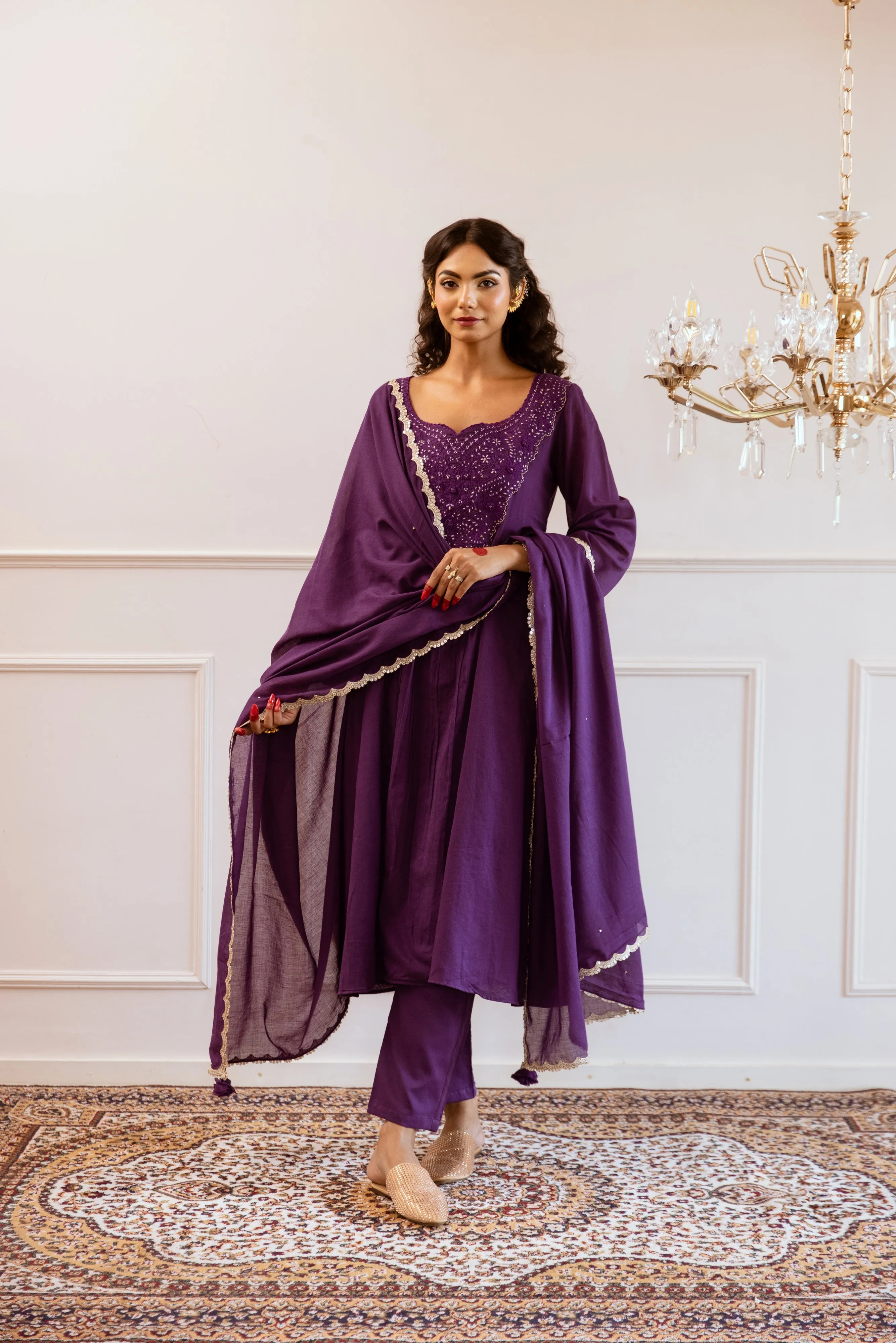 Purple Mulmul Yoke Embroidered Anarkali Set