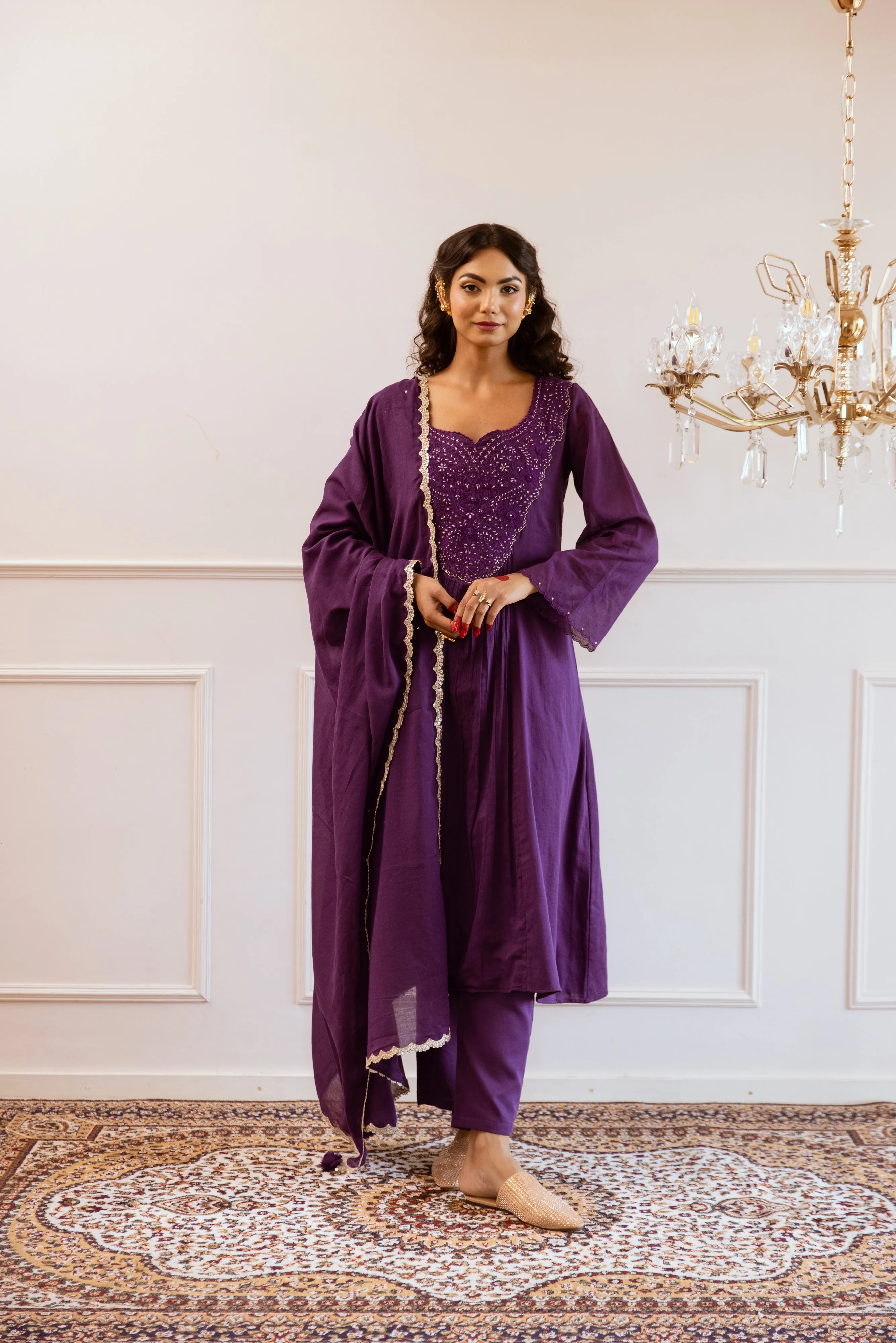 Purple Mulmul Yoke Embroidered Anarkali Set