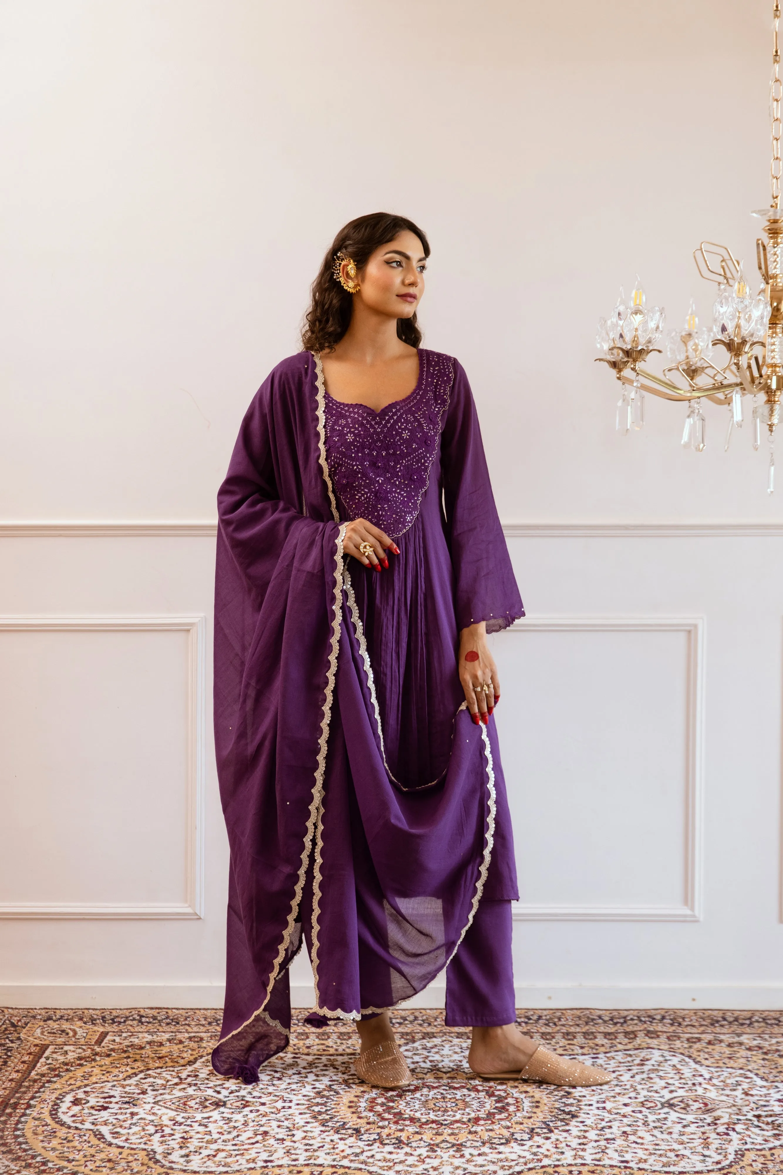 Purple Mulmul Yoke Embroidered Anarkali Set