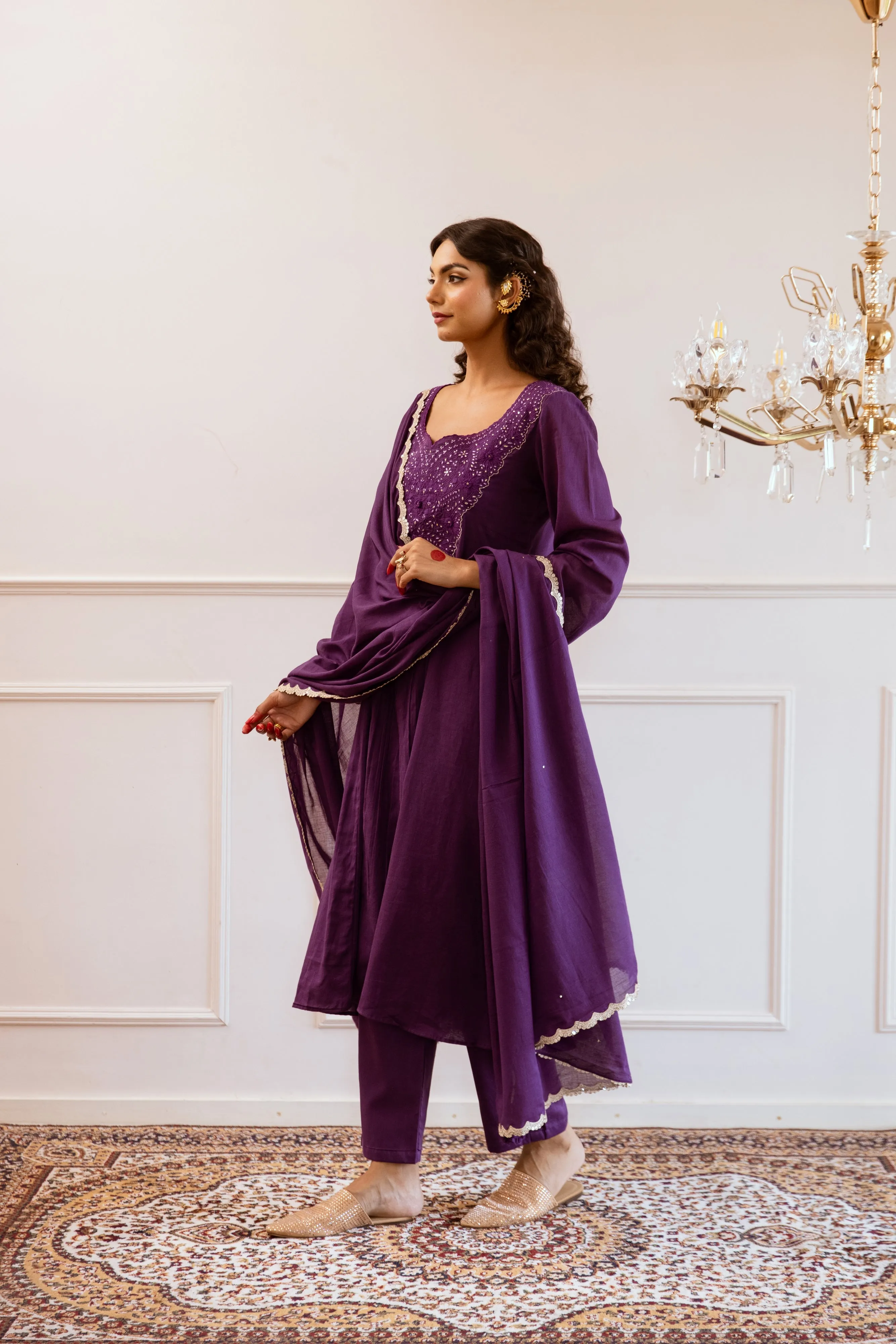 Purple Mulmul Yoke Embroidered Anarkali Set