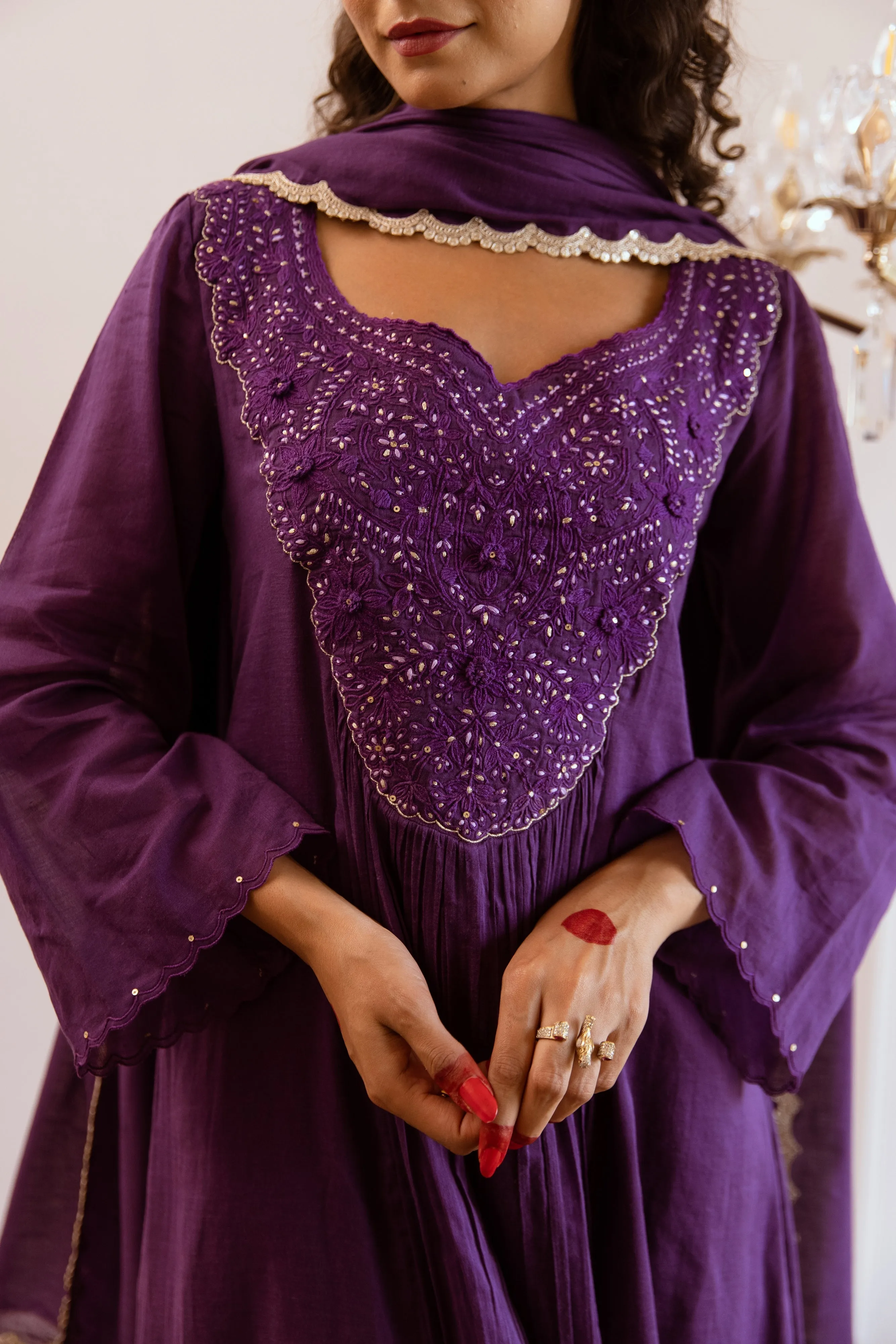 Purple Mulmul Yoke Embroidered Anarkali Set