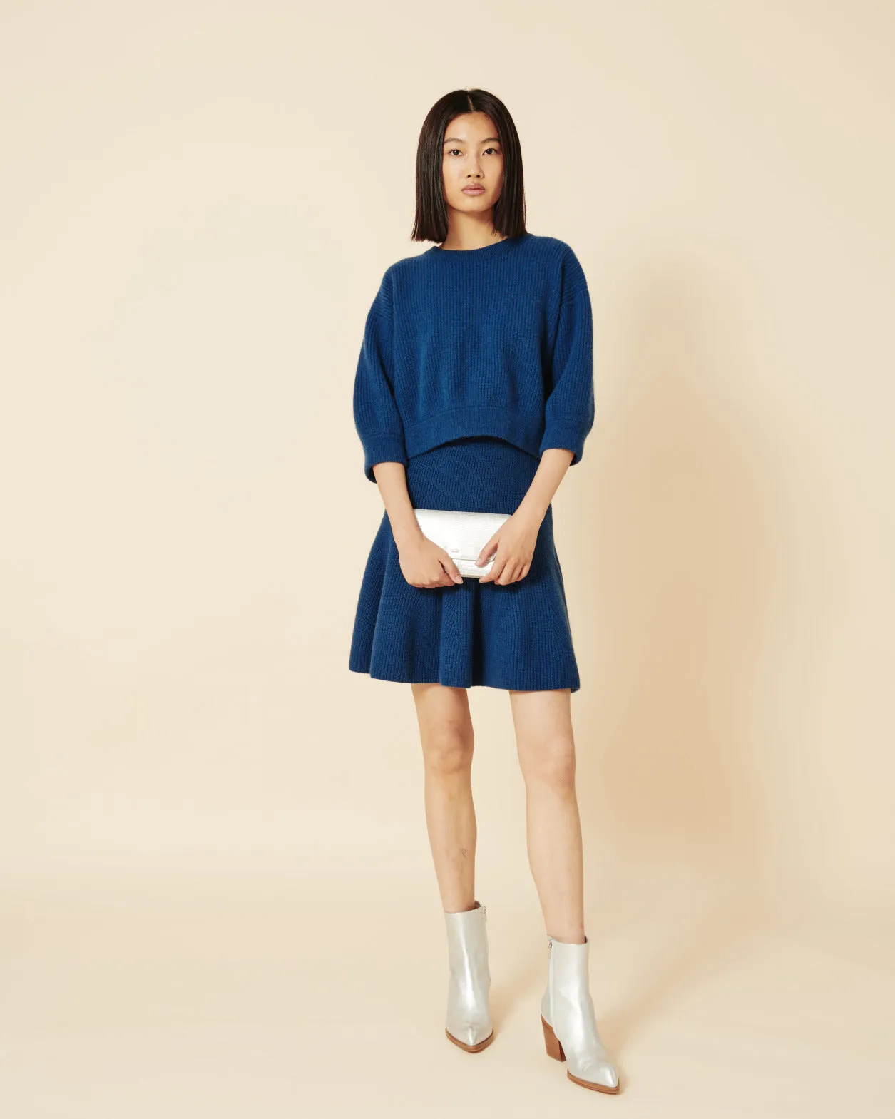 Short Cashmere A-Line Rib Knit Skirt