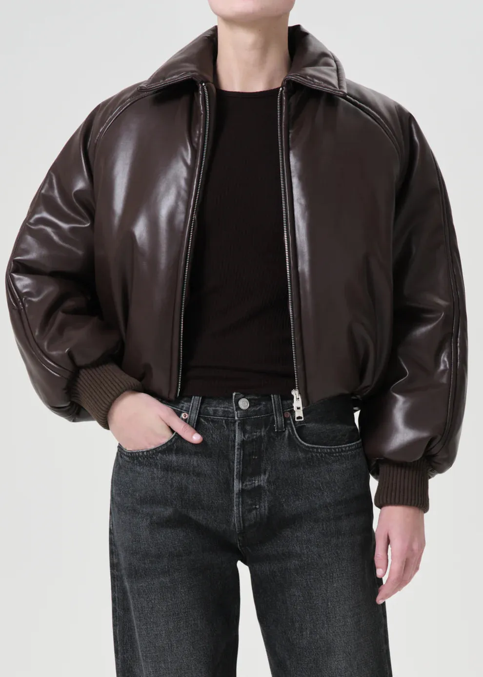 Tate Padded Faux Leather Bomber - Espresso