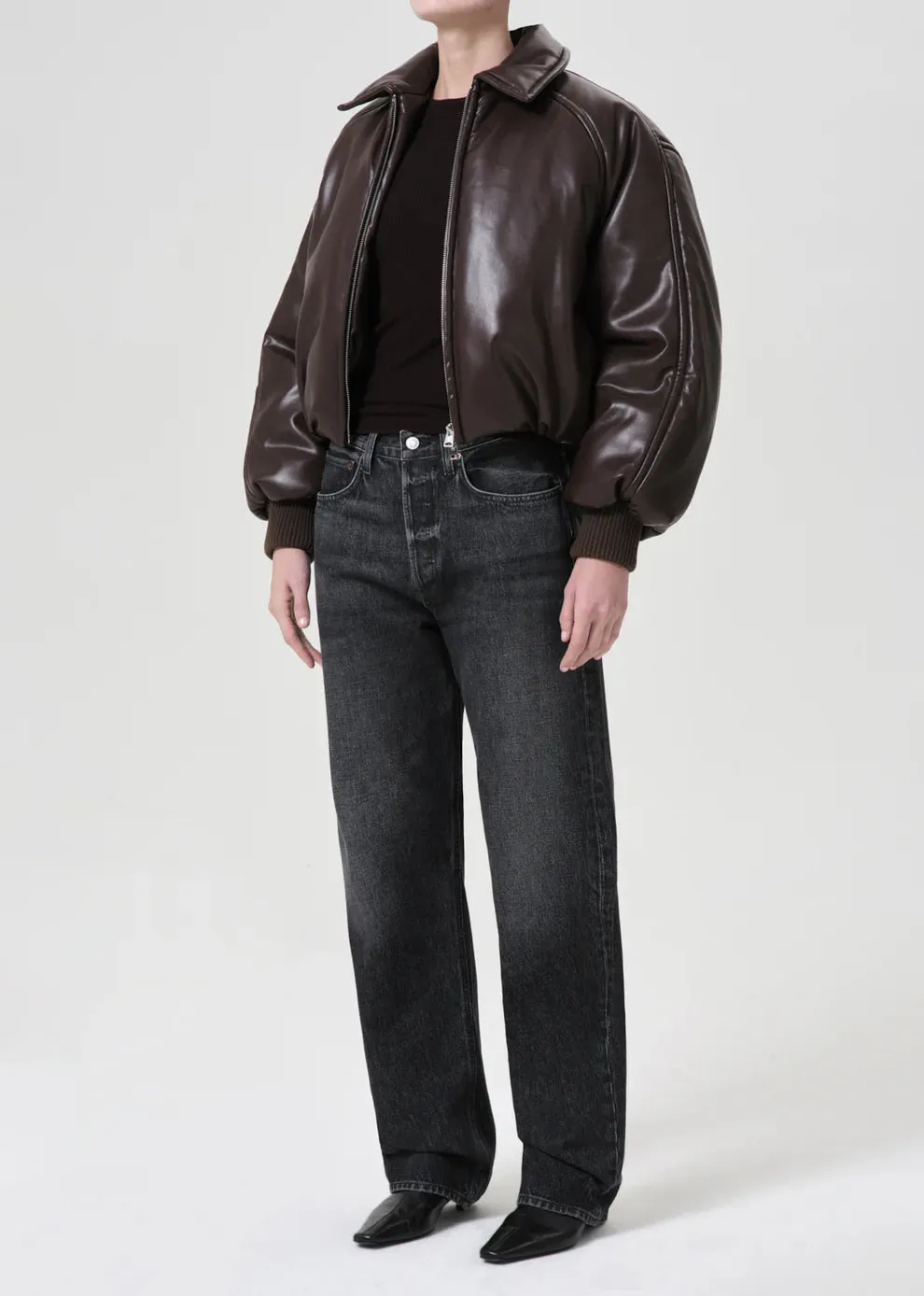 Tate Padded Faux Leather Bomber - Espresso