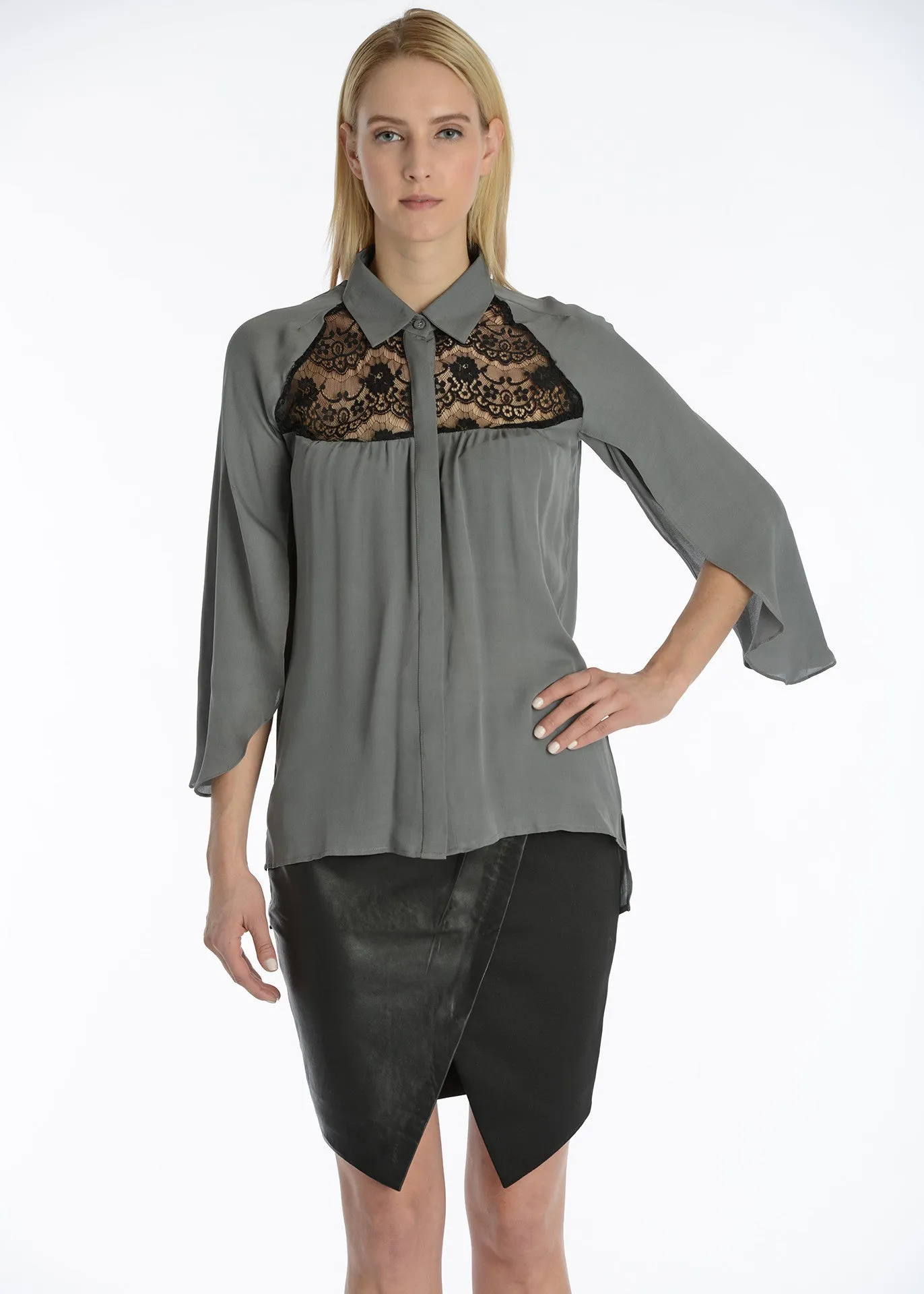 Tulip sleeve button down shirt with lace detail