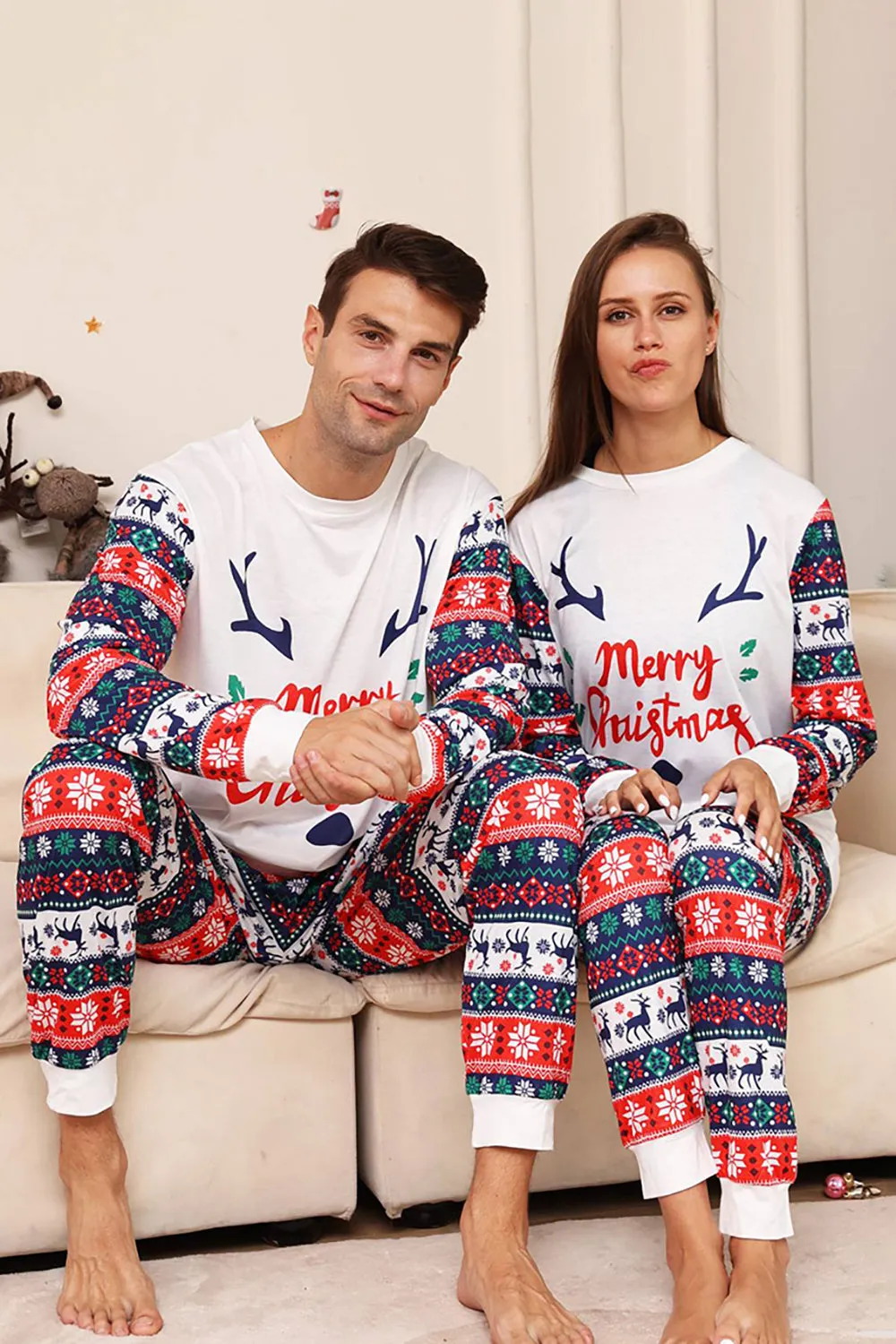 White and Blue Deer Snowflake Pattern Christmas Family Matching Pajamas Set