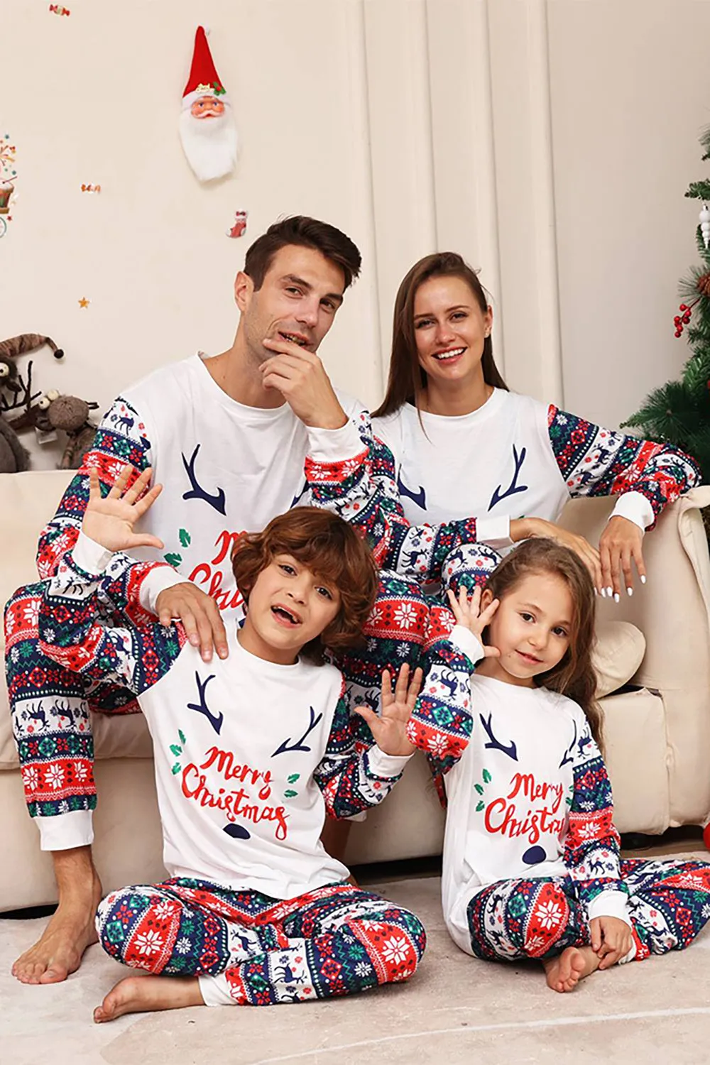 White and Blue Deer Snowflake Pattern Christmas Family Matching Pajamas Set