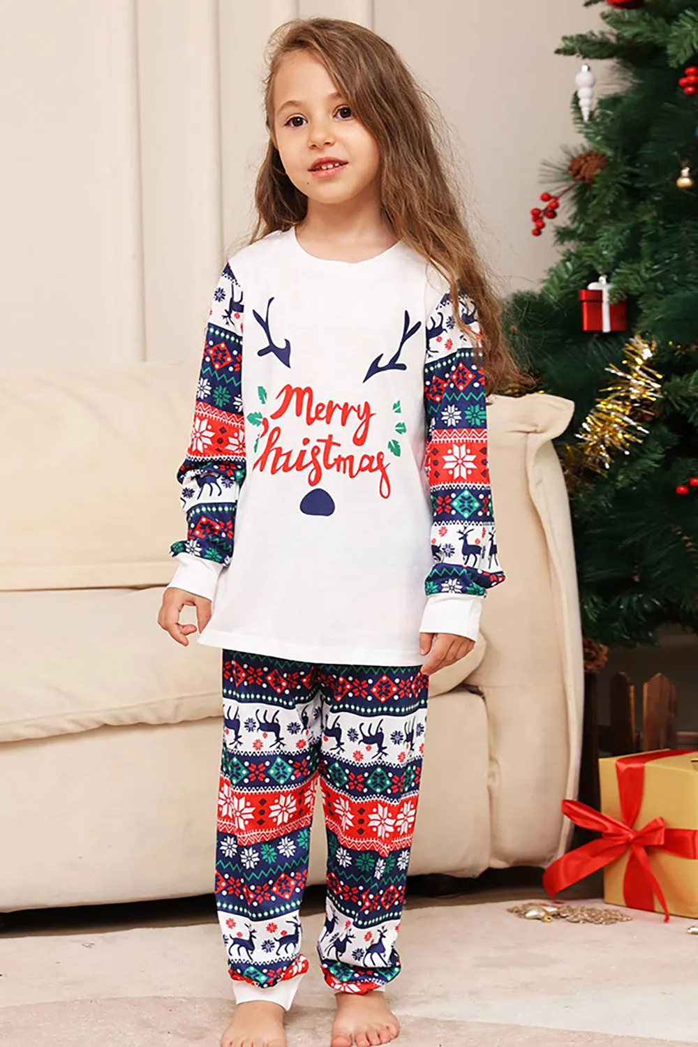 White and Blue Deer Snowflake Pattern Christmas Family Matching Pajamas Set